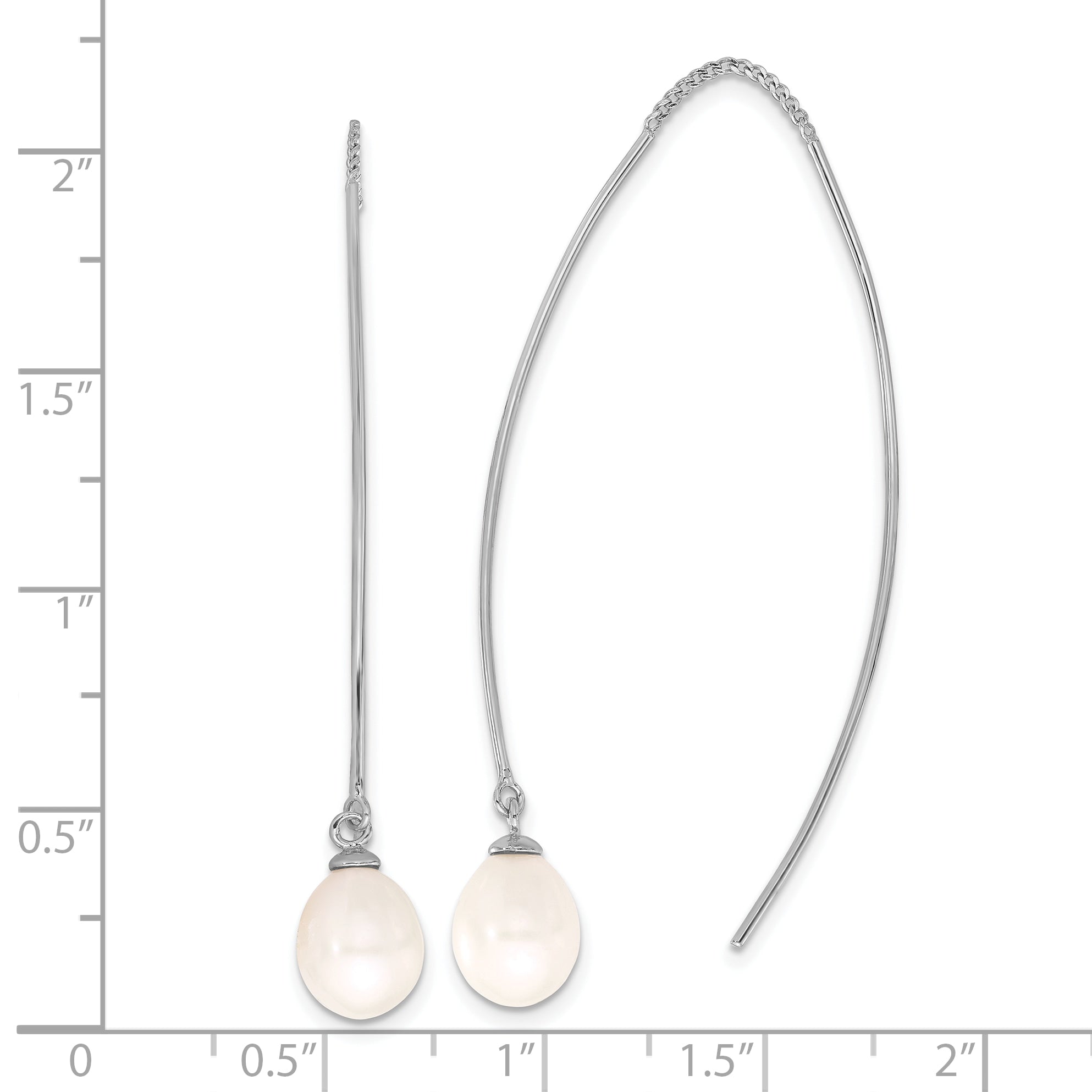 Sterling Silver Rhodium-plated 7-8mm White Teardrop Freshwater Cultured Pearl Threader Earrings