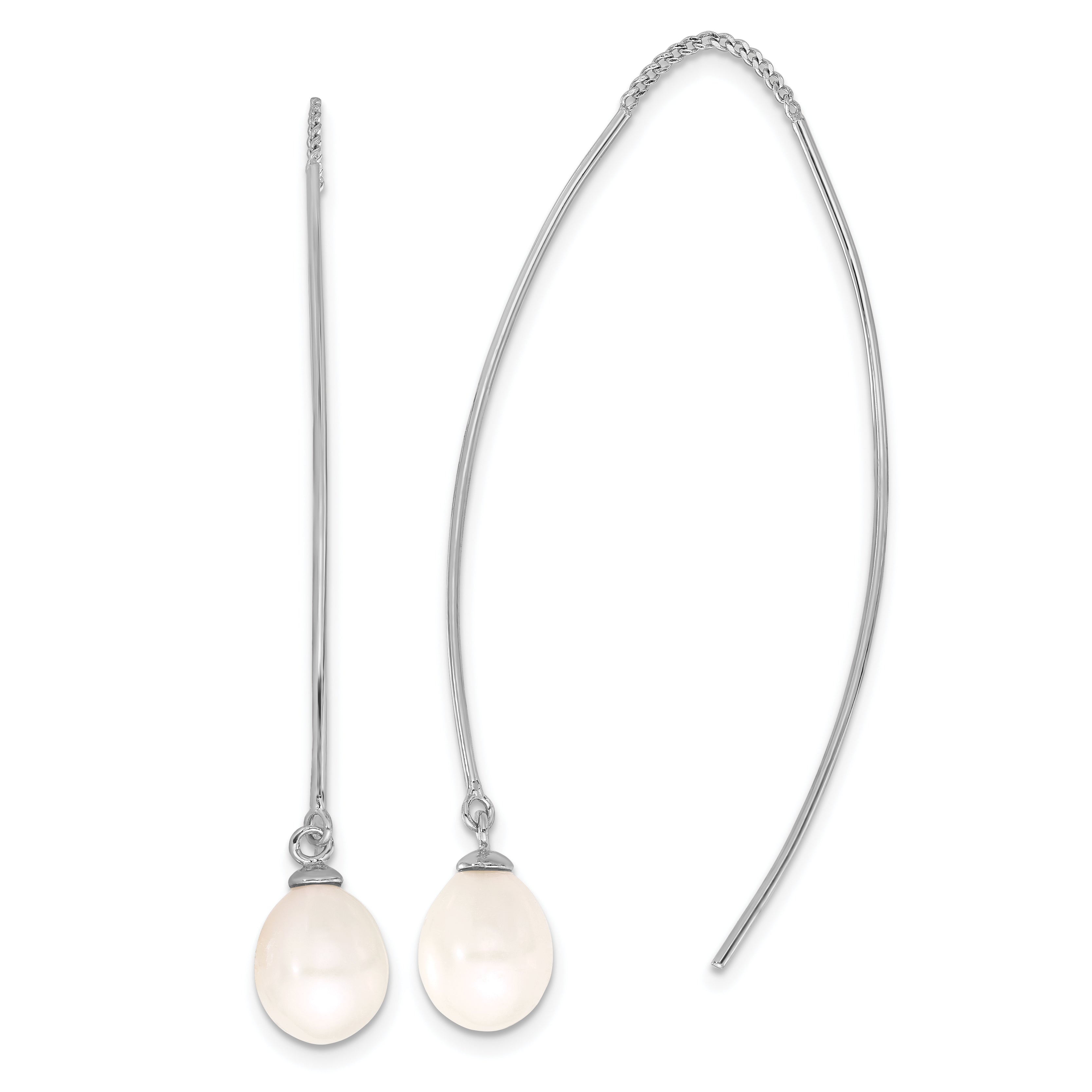 Sterling Silver Rhodium-plated 7-8mm White Teardrop Freshwater Cultured Pearl Threader Earrings Main image
