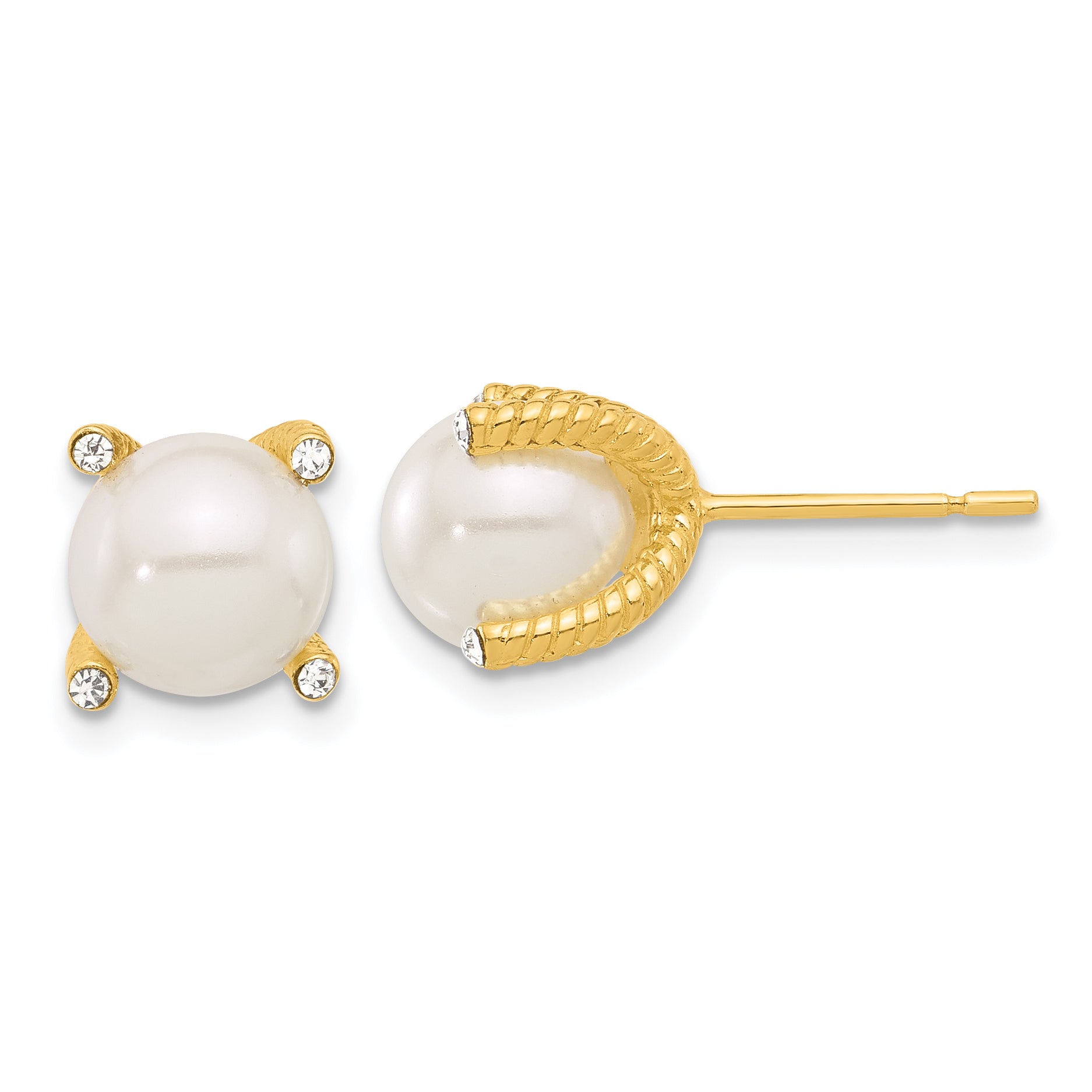 Sterling Silver Gold-tone Polished/Twisted CZ and Syn. Pearl Post Earrings Main image