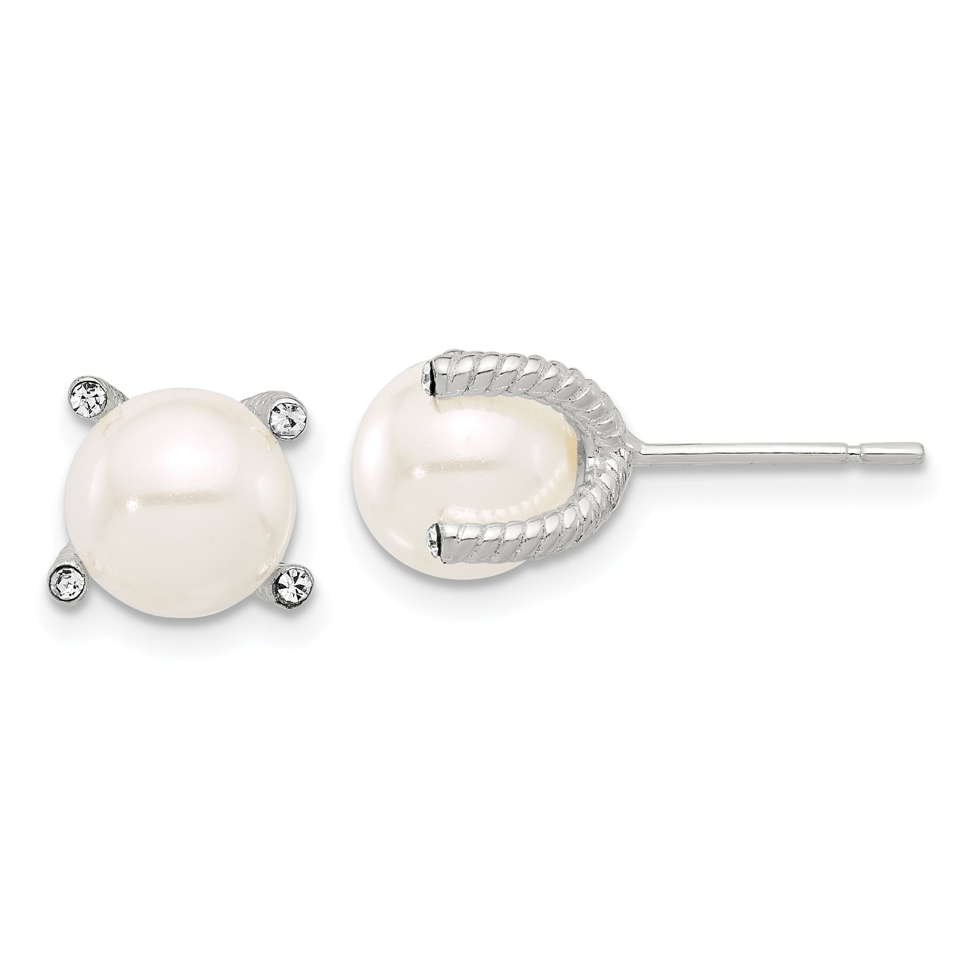 Sterling Silver Polished/Twisted CZ and Synthetic Pearl Post Earrings Main image