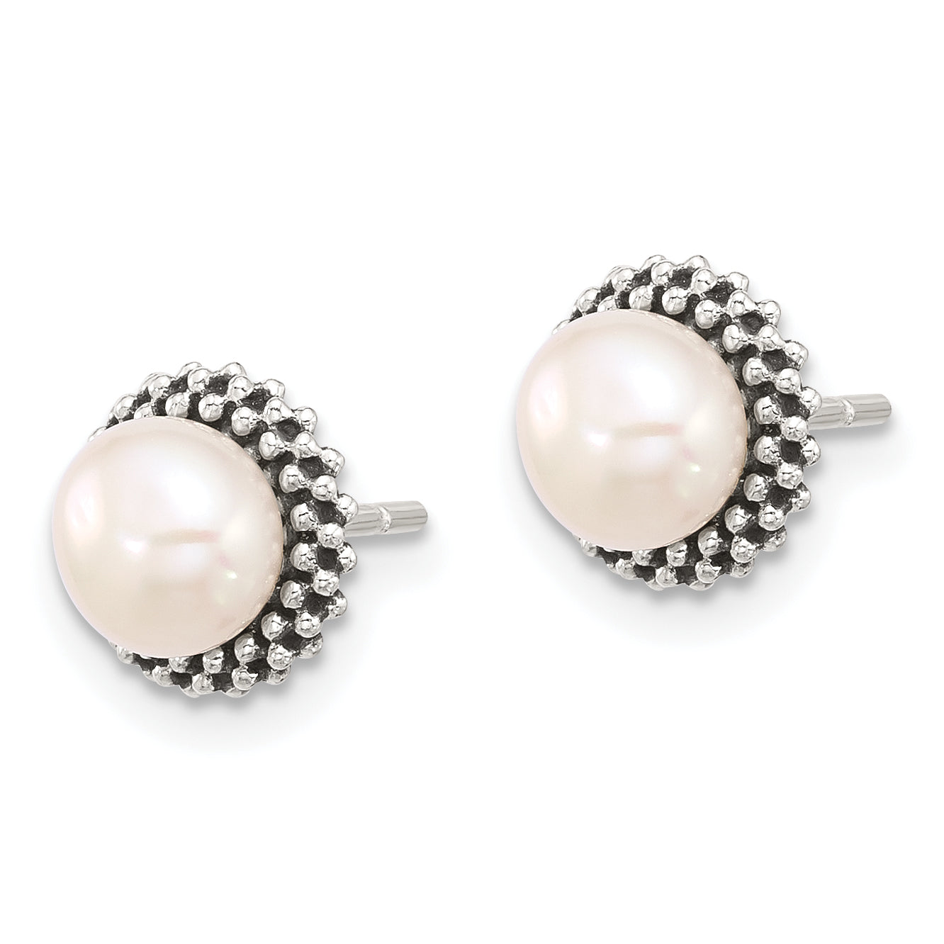 Sterling Silver Antiqued Beaded Synthetic Pearl Post Button Earrings Secondary image