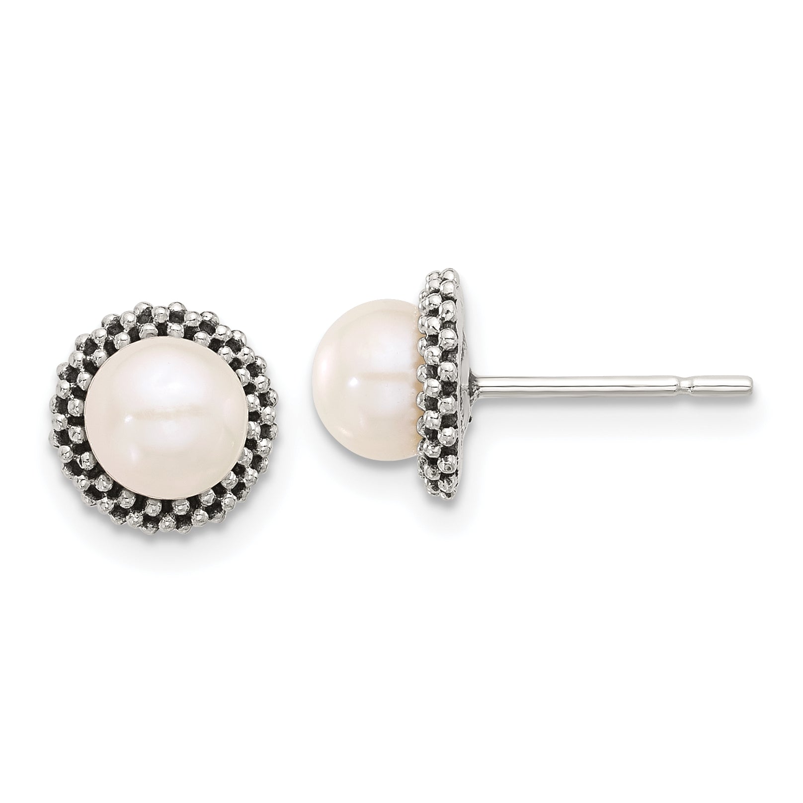 Sterling Silver Antiqued Beaded Synthetic Pearl Post Button Earrings Main image