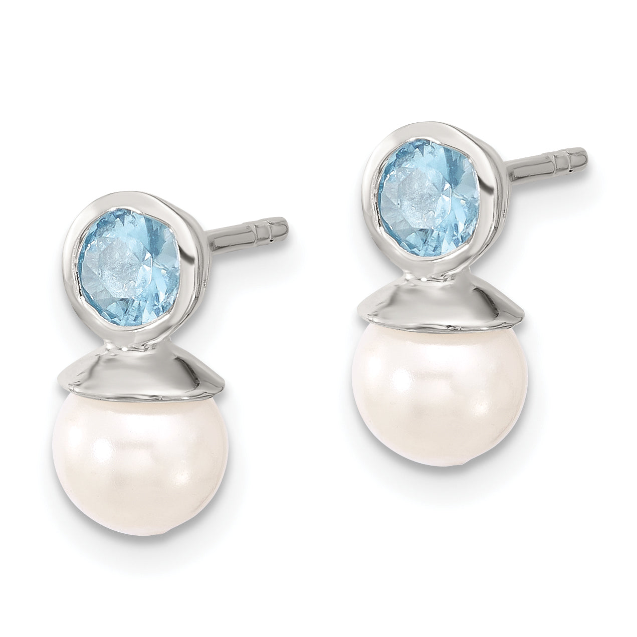 Sterling Silver Polished Blue CZ and 6-6.5mm Glass Pearl Post Earrings Secondary image