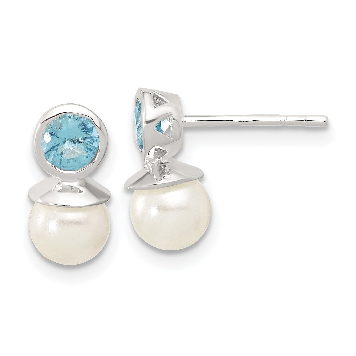 Sterling Silver Polished Blue CZ and 6-6.5mm Glass Pearl Post Earrings Main image
