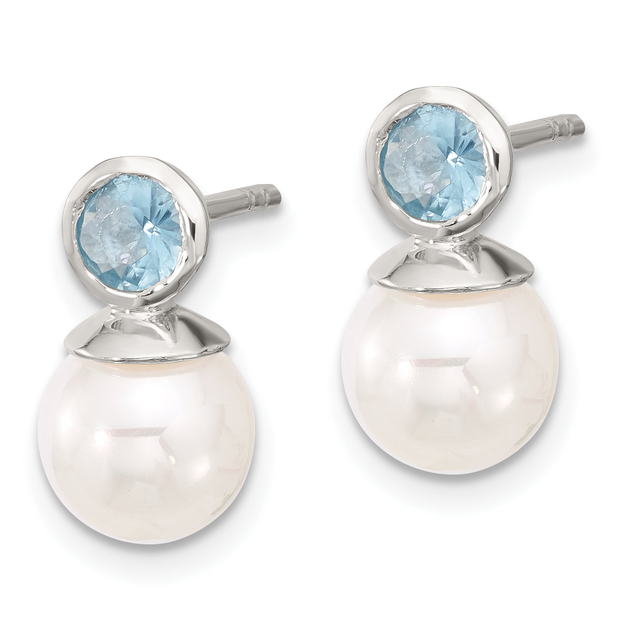 Sterling Silver Polished Blue CZ and 8-8.5mm Glass Pearl Post Earrings Secondary image