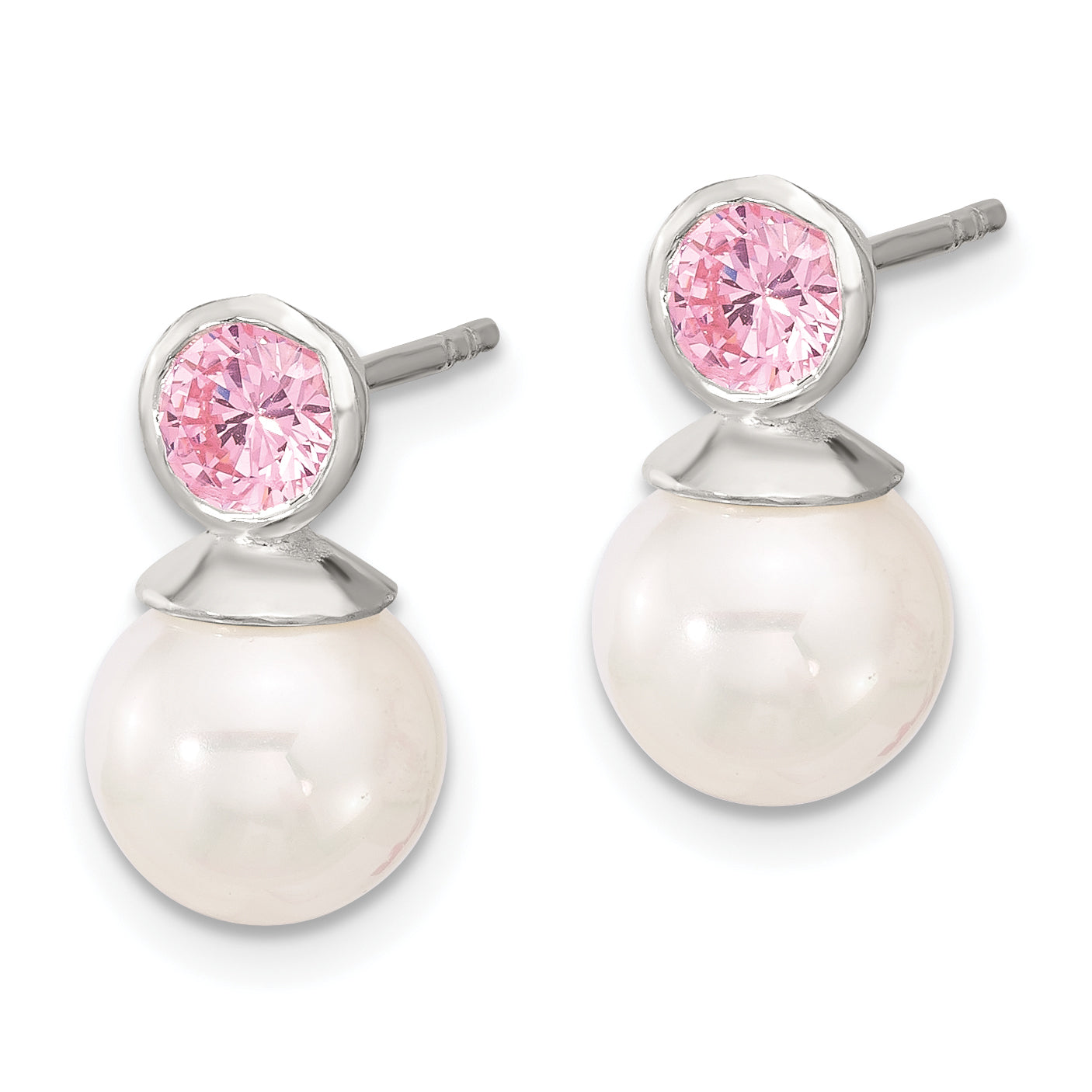 Sterling Silver Polished Pink CZ and 8-8.5mm Glass Pearl Post Earrings Secondary image