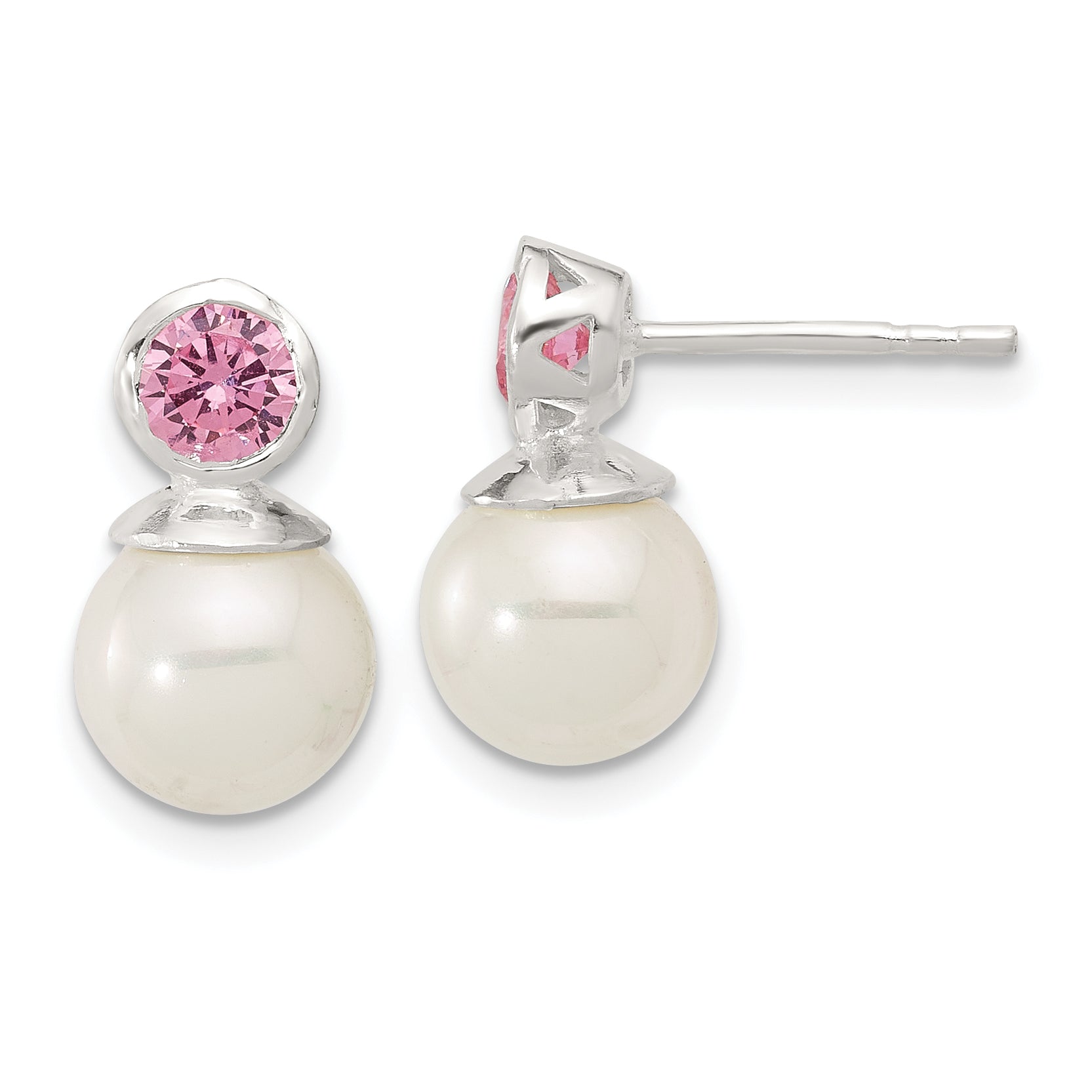 Sterling Silver Polished Pink CZ and 8-8.5mm Glass Pearl Post Earrings Main image