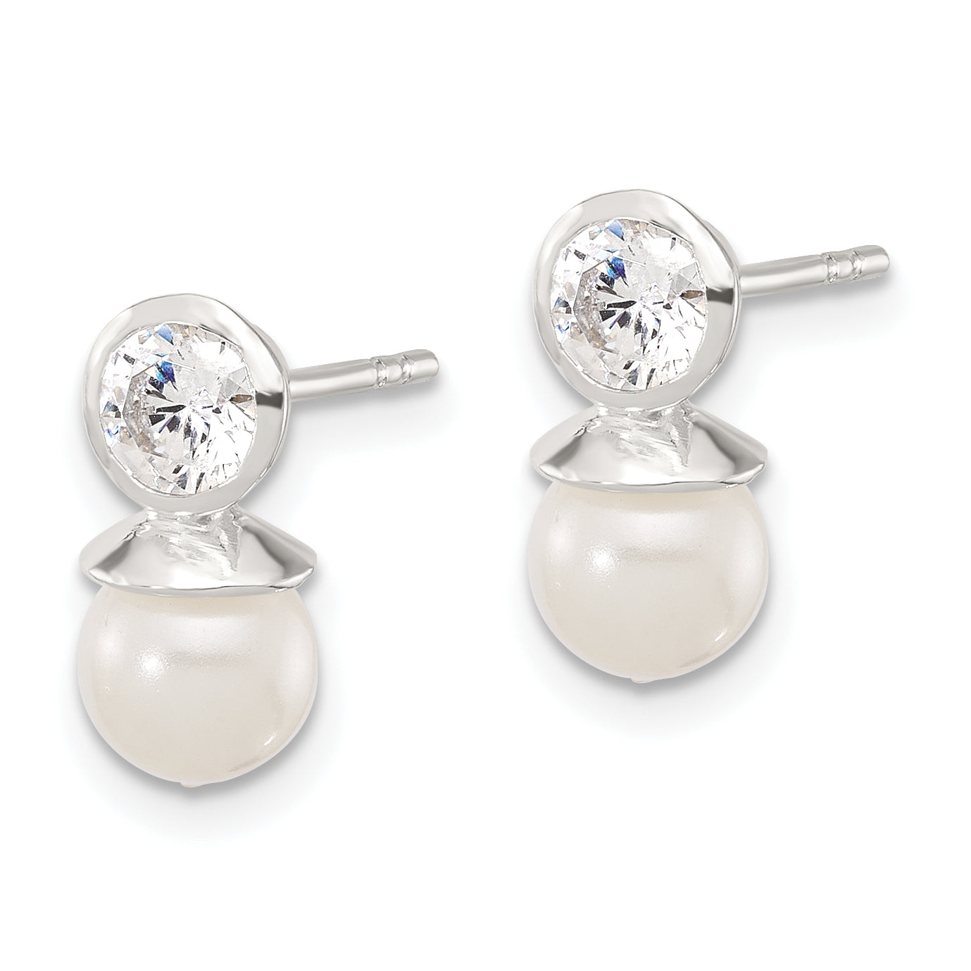 Sterling Silver Polished CZ and 6-6.5mm Glass Pearl Post Earrings Secondary image