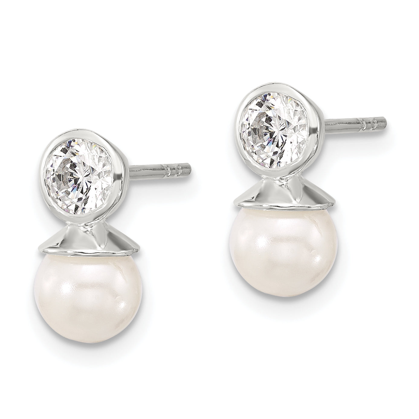 Sterling Silver Polished CZ and 6-6.5mm Glass Pearl Post Earrings Secondary image
