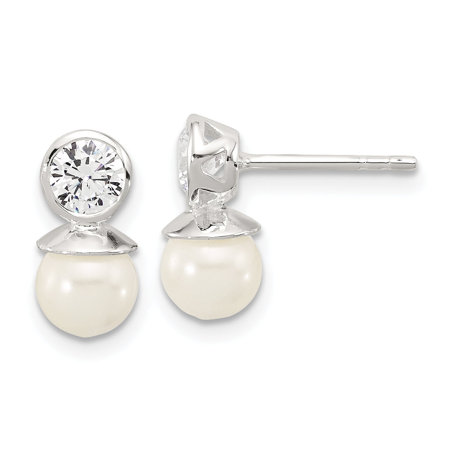 Sterling Silver Polished CZ and 6-6.5mm Glass Pearl Post Earrings Main image