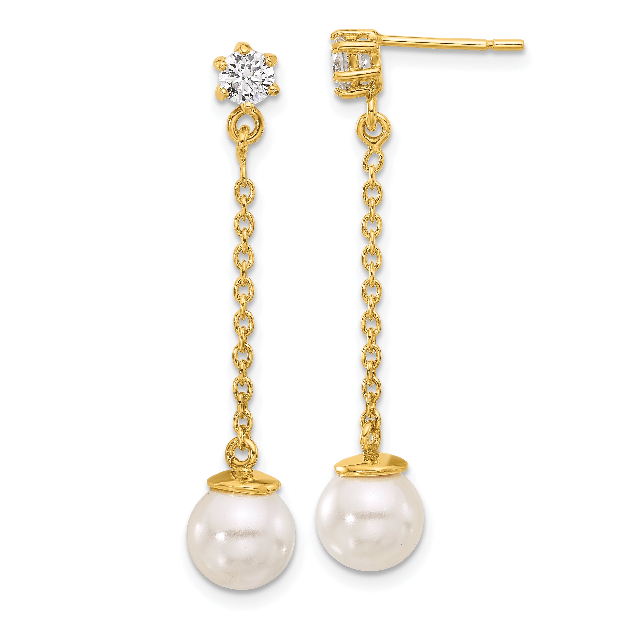 Sterling Silver Gold-tone Polished CZ and Imitation Pearl Dangle Earrings Main image