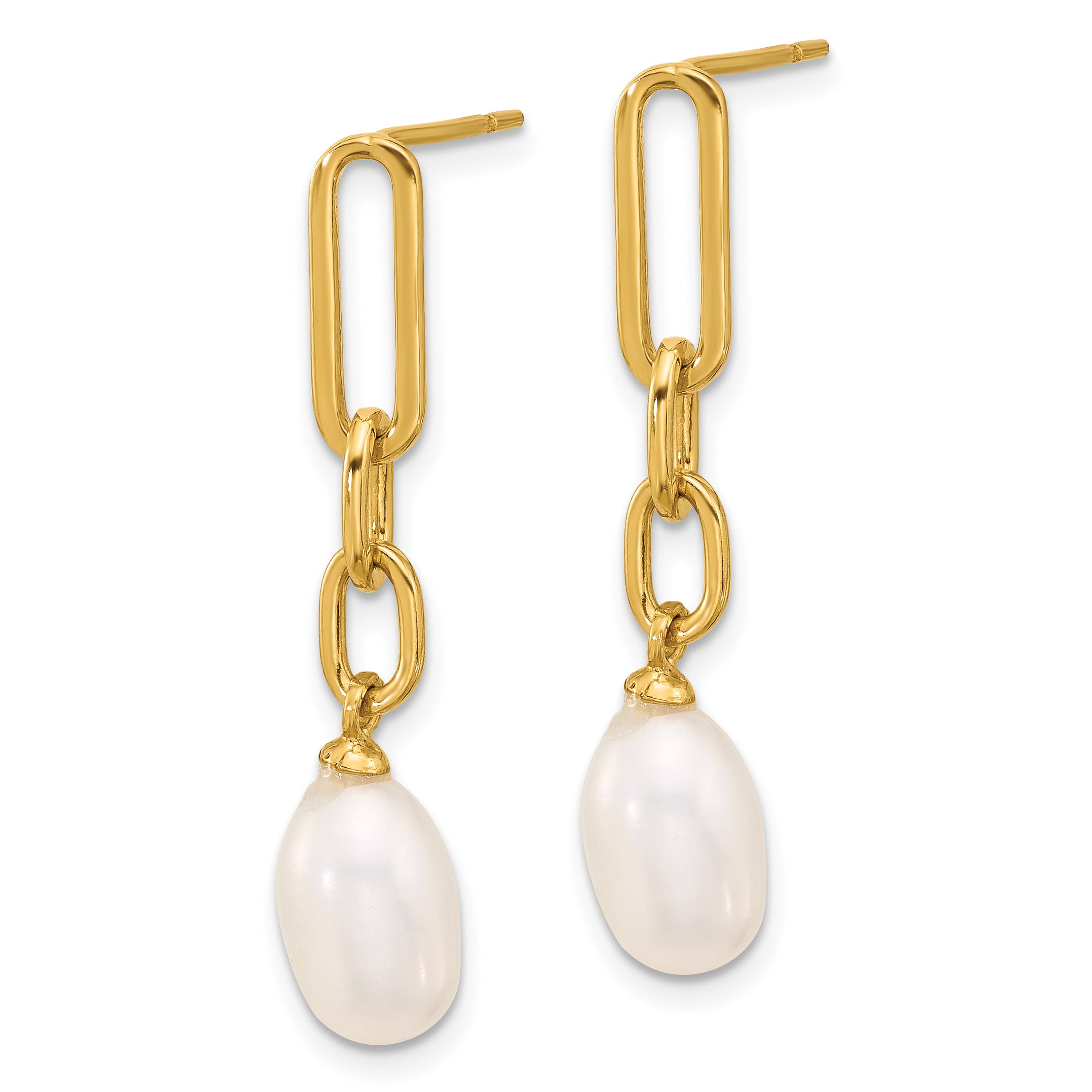 Sterling Silver Gold-tone Polished Synthetic Pearl Link Dangle Earrings Secondary image