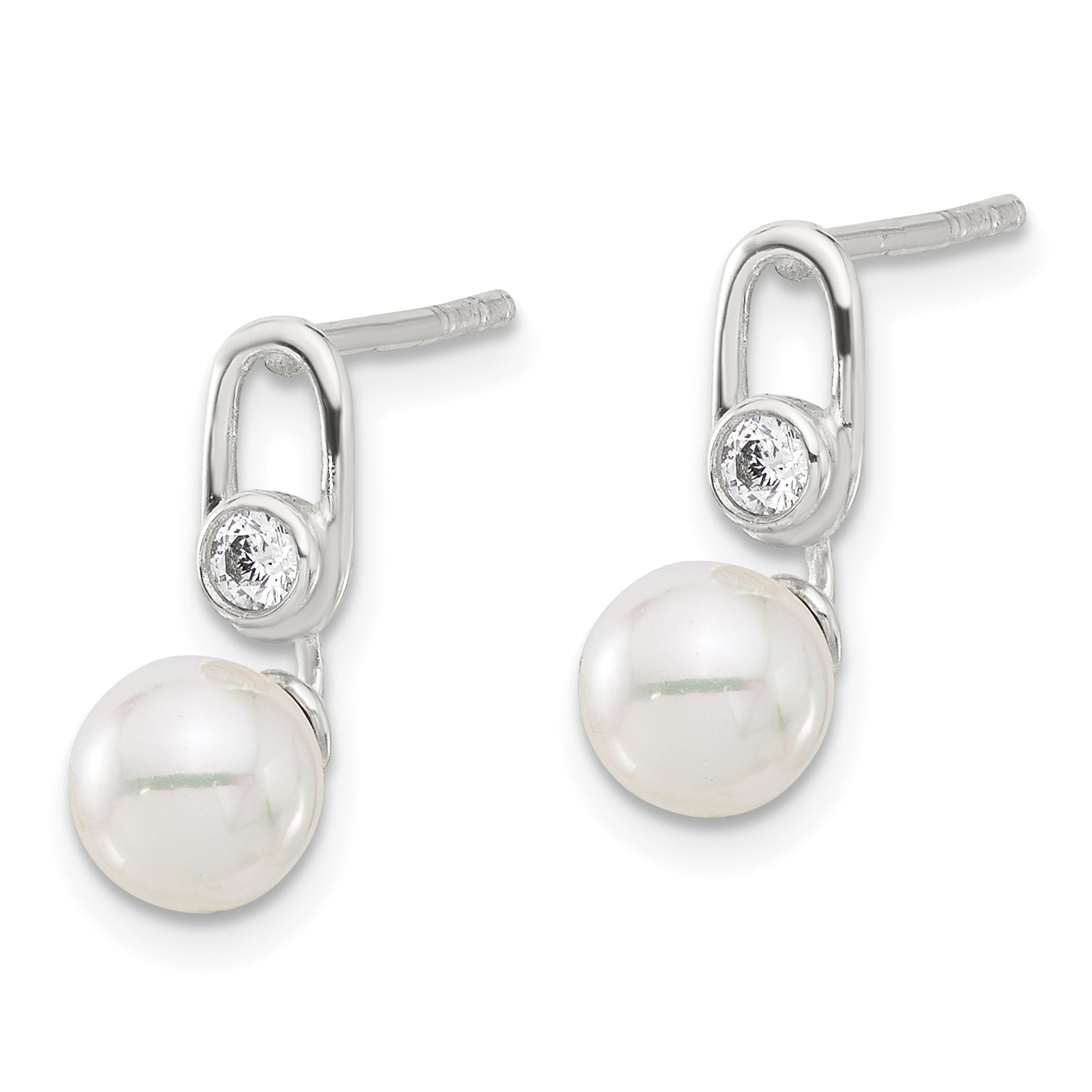 Sterling Silver E-coated Polished 6-7mm Shell Pearl and CZ Post Earrings Secondary image