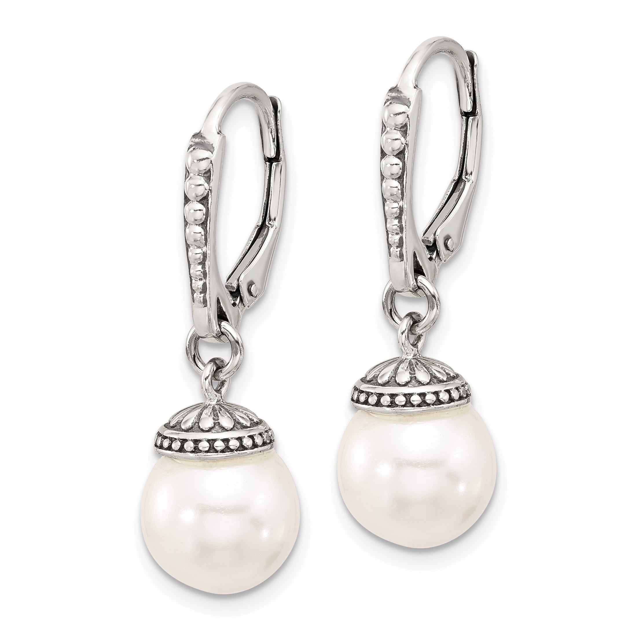 Sterling Silver Polished and Antiqued Syn. Pearl Leverback Dangle Earrings Secondary image