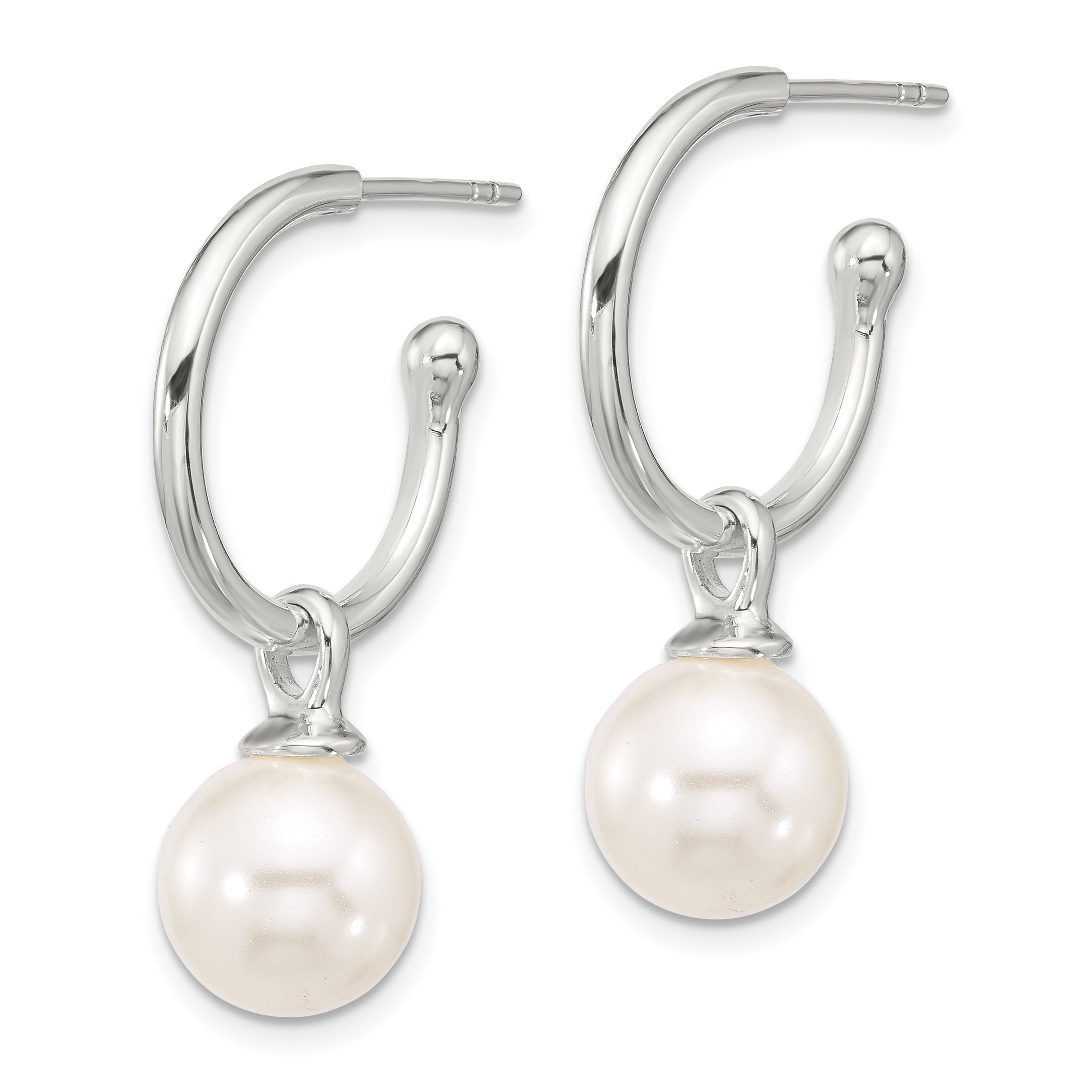 Sterling Silver Polished Dangling 10mm Glass Pearl Post C-Hoop Earrings Secondary image
