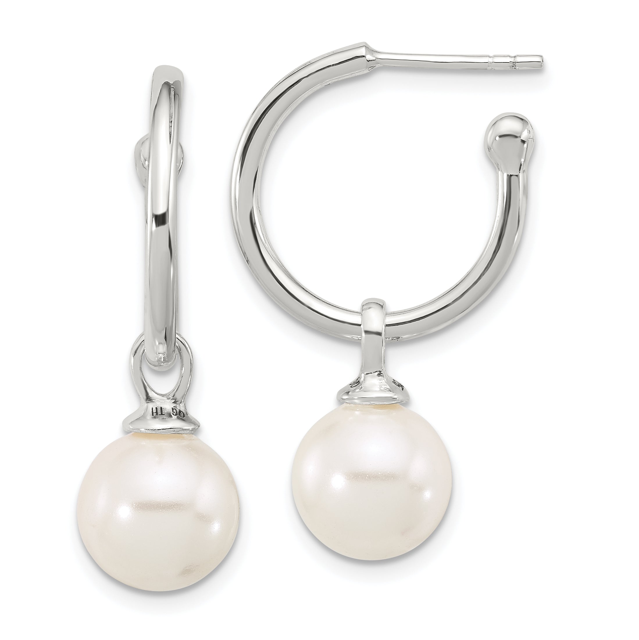 Sterling Silver Polished Dangling 10mm Glass Pearl Post C-Hoop Earrings Main image