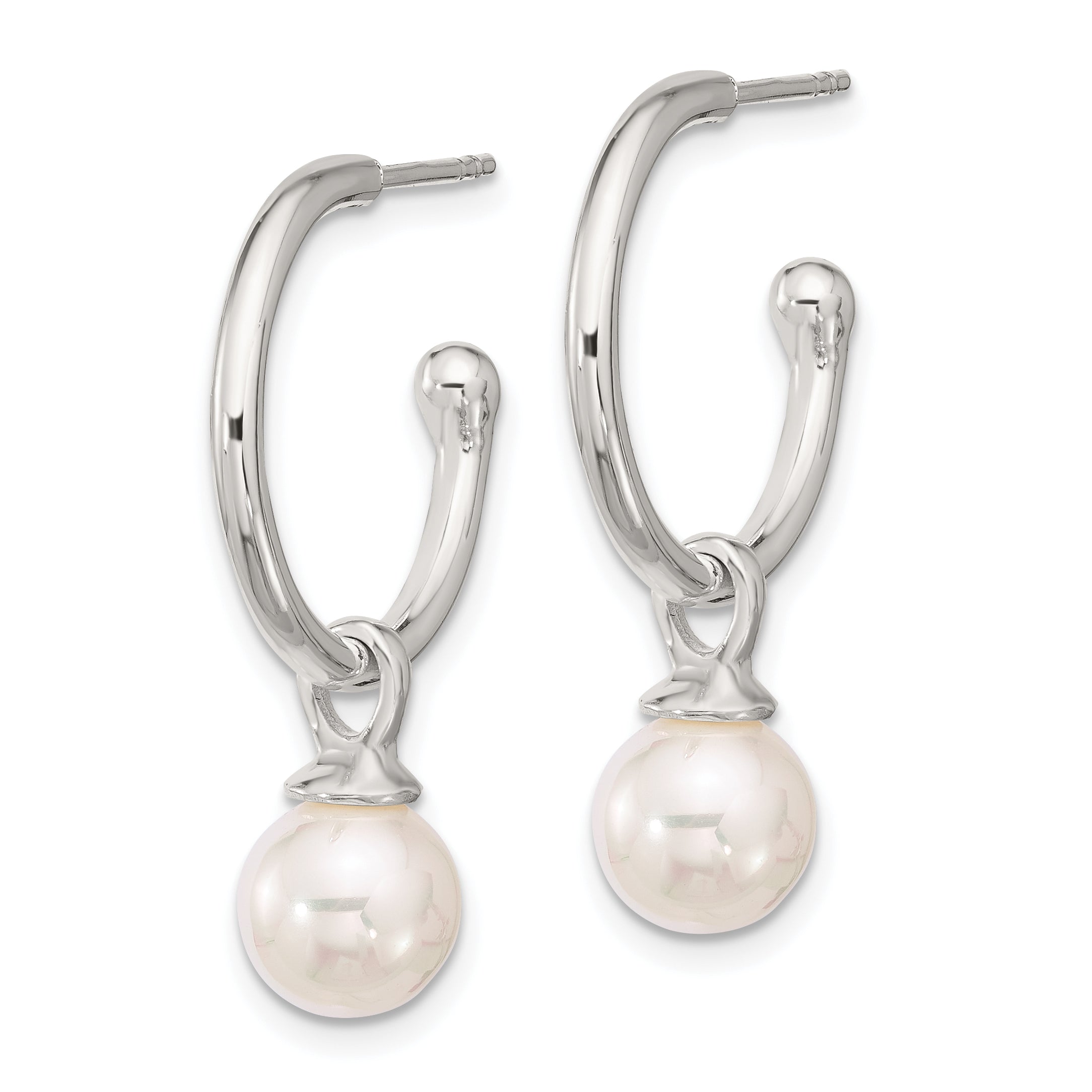 Sterling Silver Polished Dangling 8mm Glass Pearl Post C-Hoop Earrings Secondary image