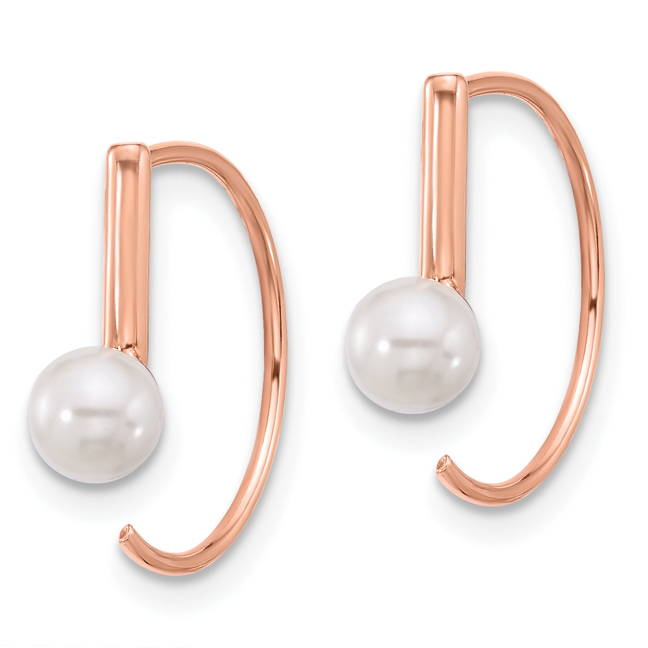 Sterling Silver Rose-tone Polished Synthetic Pearl Threader Hoop Earrings Secondary image