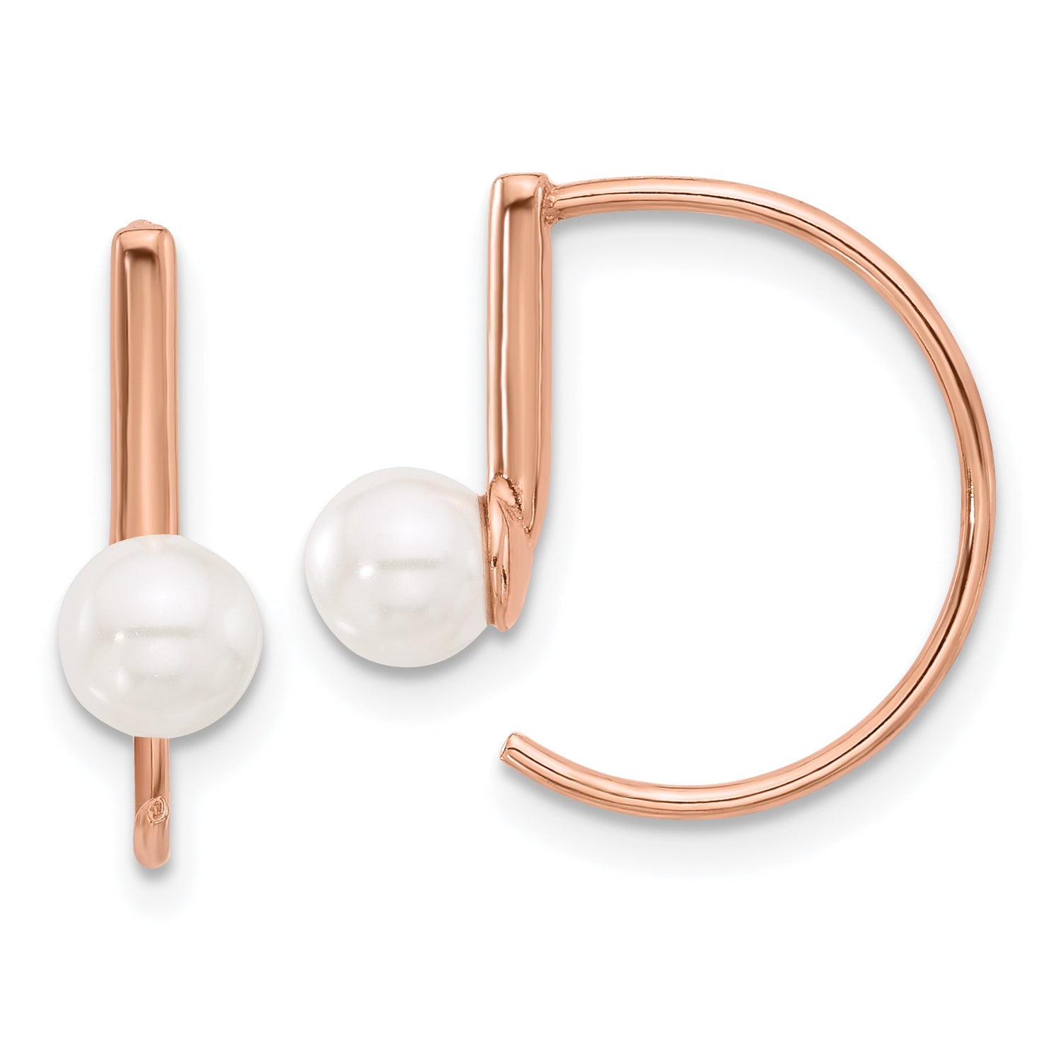 Sterling Silver Rose-tone Polished Synthetic Pearl Threader Hoop Earrings Main image