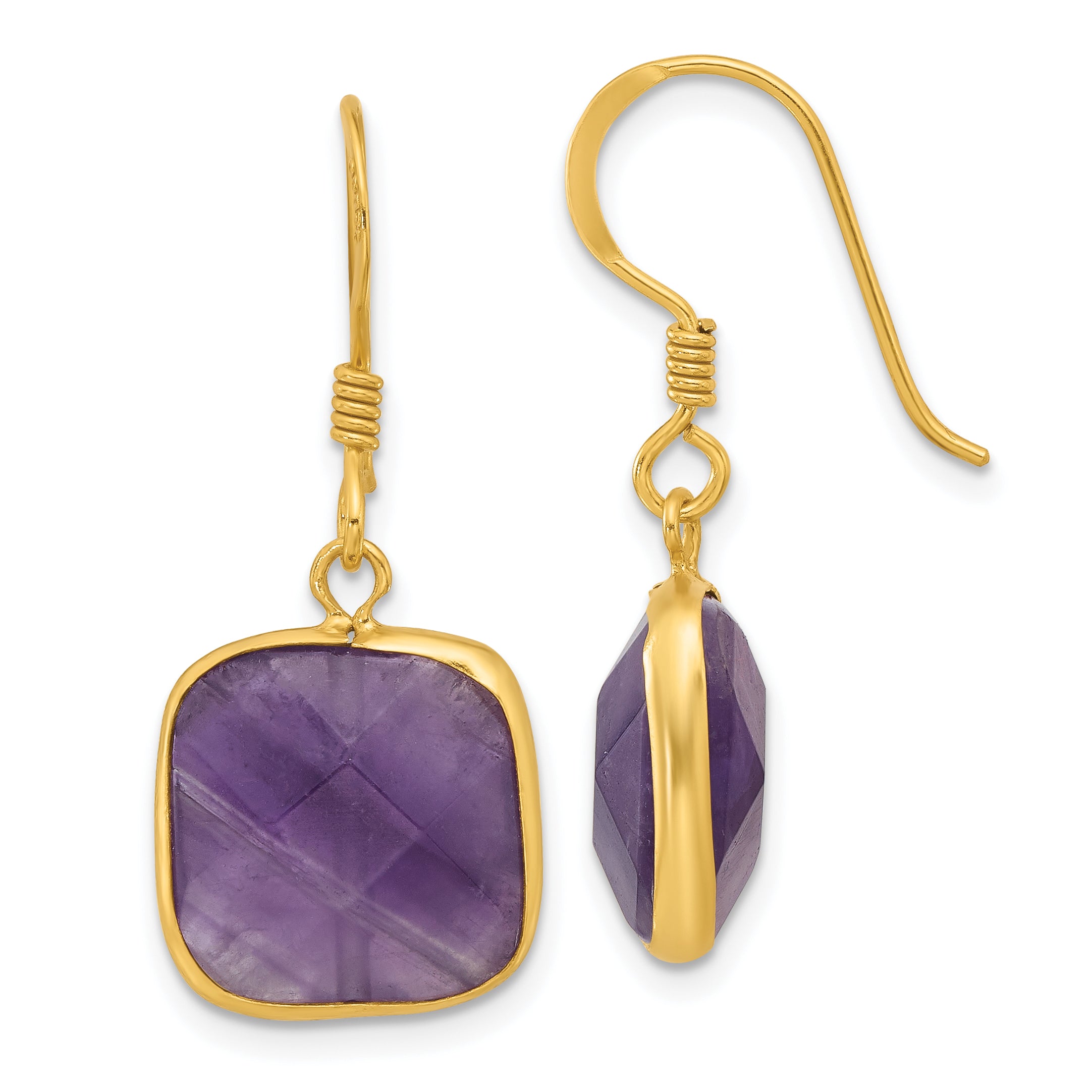 Sterling Silver Gold-plated Polished Cushion Amethyst Dangle Earrings Main image