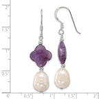 Sterling Silver Polished Amethyst Clover and FWC Pearl Dangle Earrings