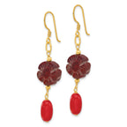 Sterling Silver Gold-plated Coral and Red Jasper Flower Dangle Earrings