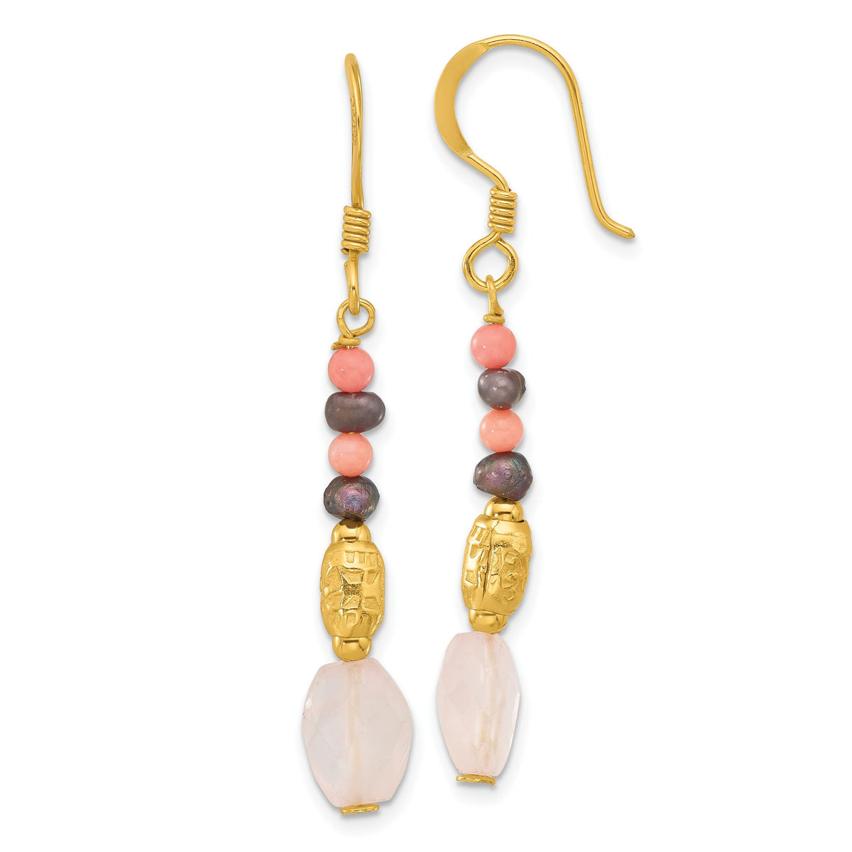 Freshwater Pearl/Coral/Quartz Dangle Earrings in Gold-Plated Sterling Silver - Sophia Jewelers Main image