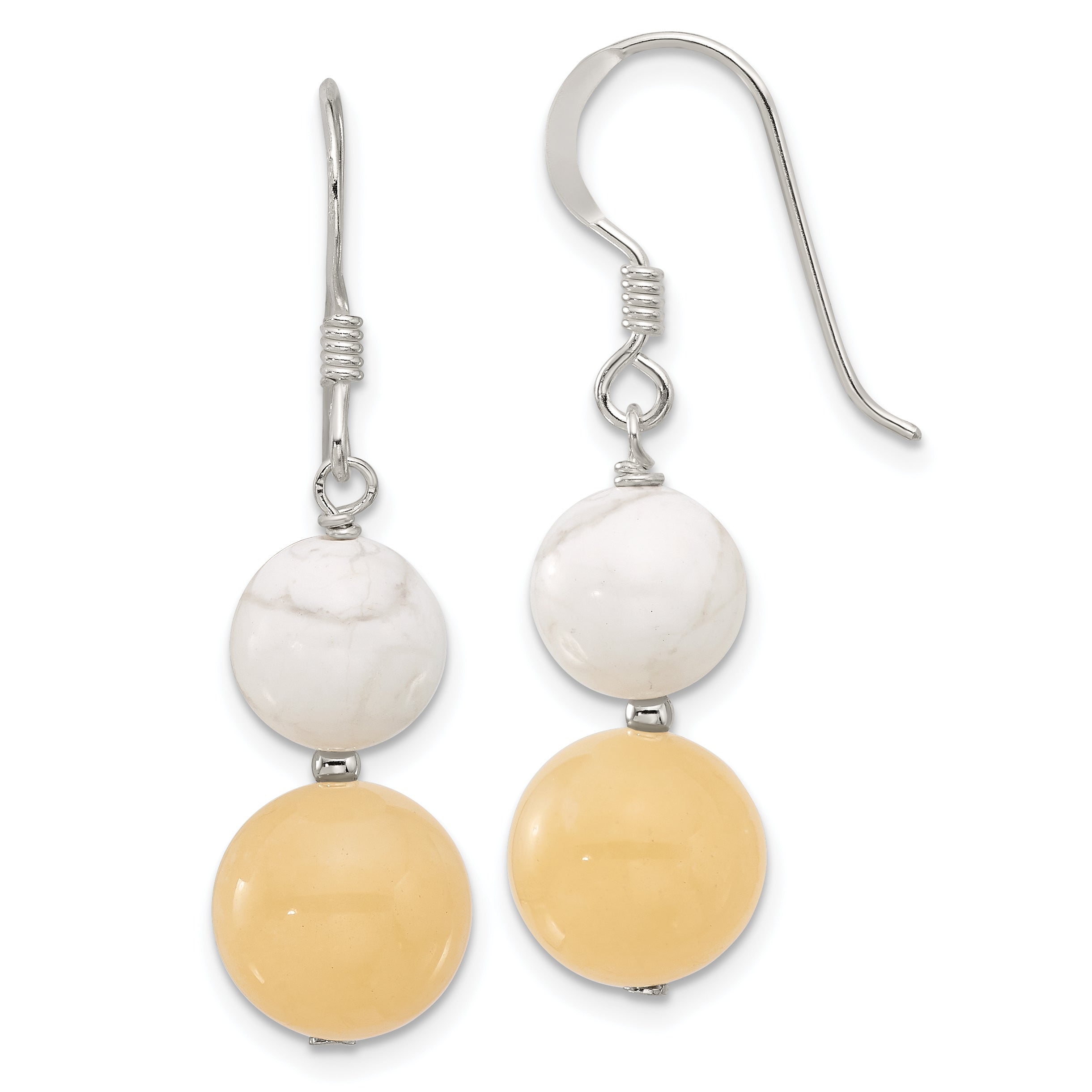 Sterling Silver Polished White Howlite and Yellow Jade Dangle Earrings Main image