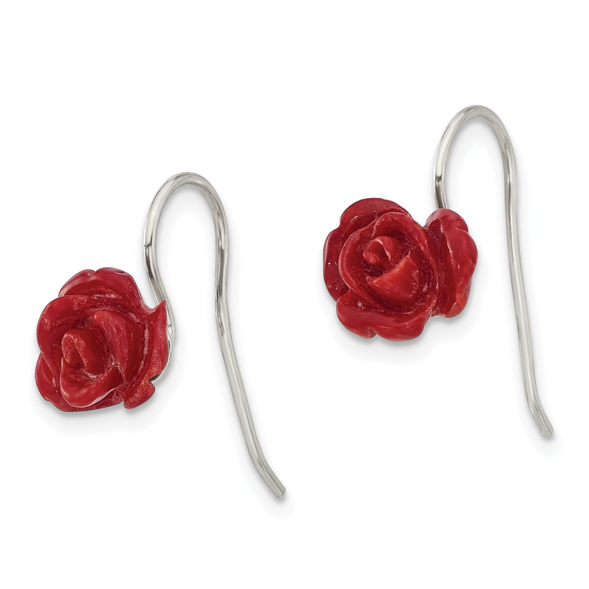 Sterling Silver Polished Red Coral Rose Dangle Earrings Secondary image