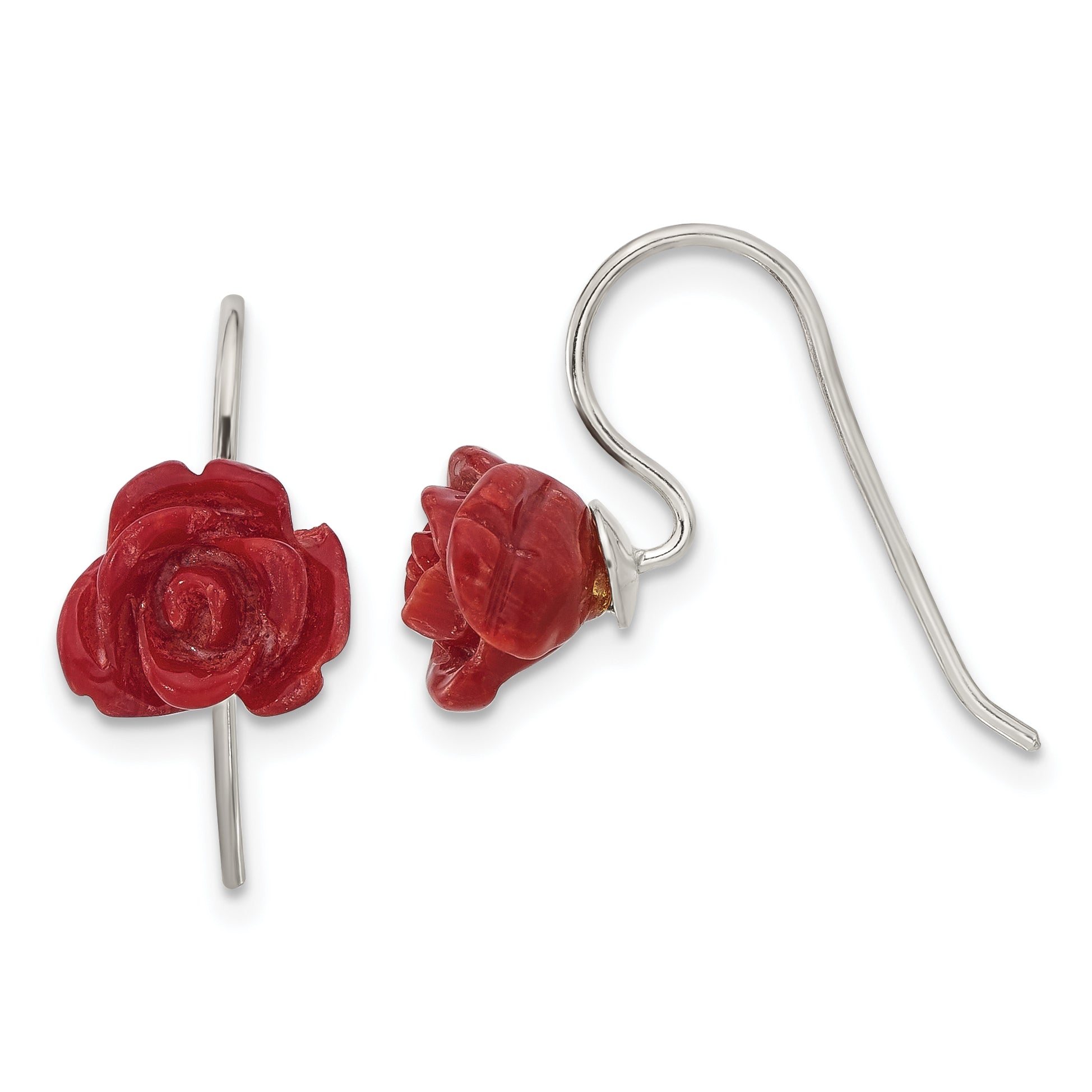 Sterling Silver Polished Red Coral Rose Dangle Earrings Main image