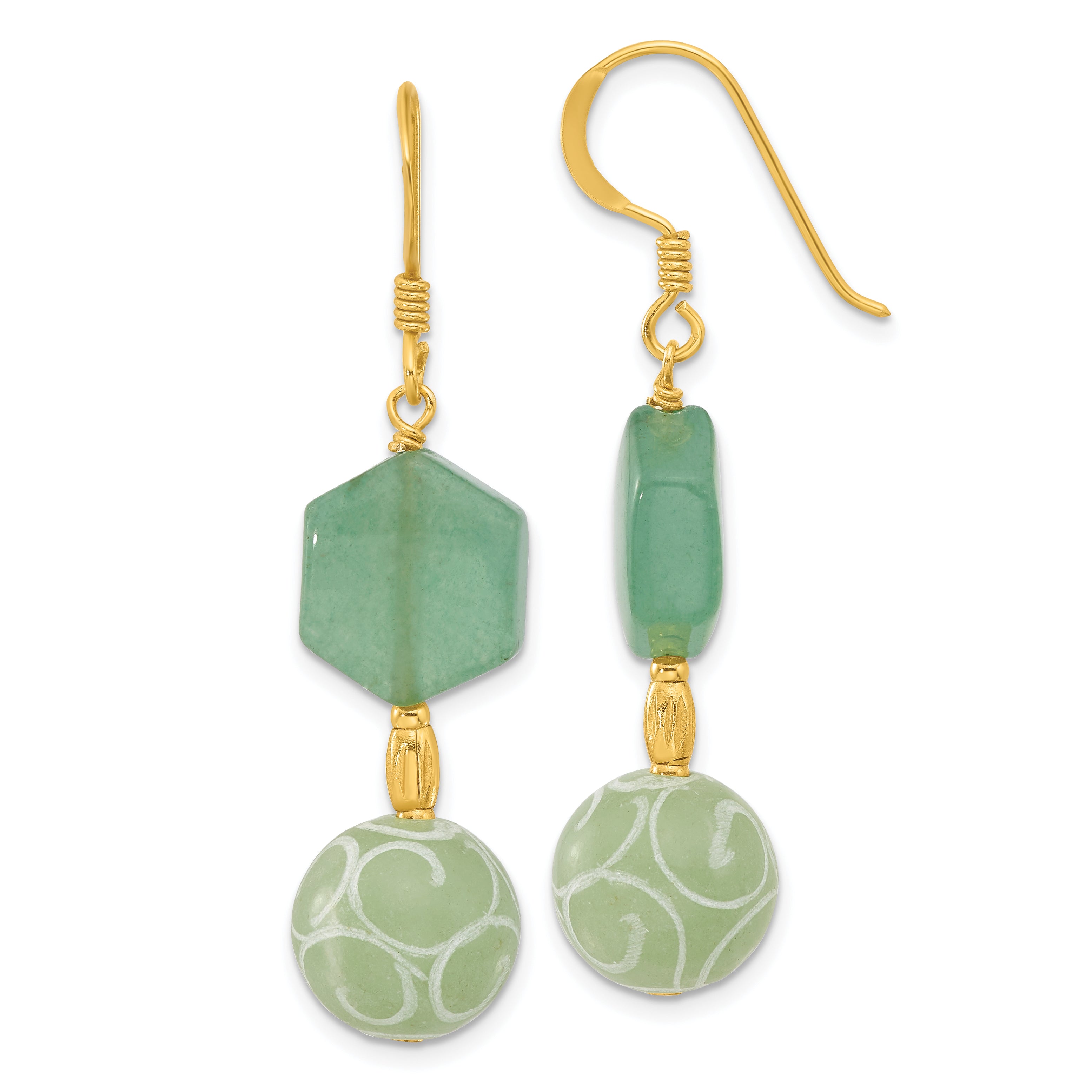 Sterling Silver Gold-pltd Hexagon Aventurine & Swirl Jade Dangle Earrings Main image