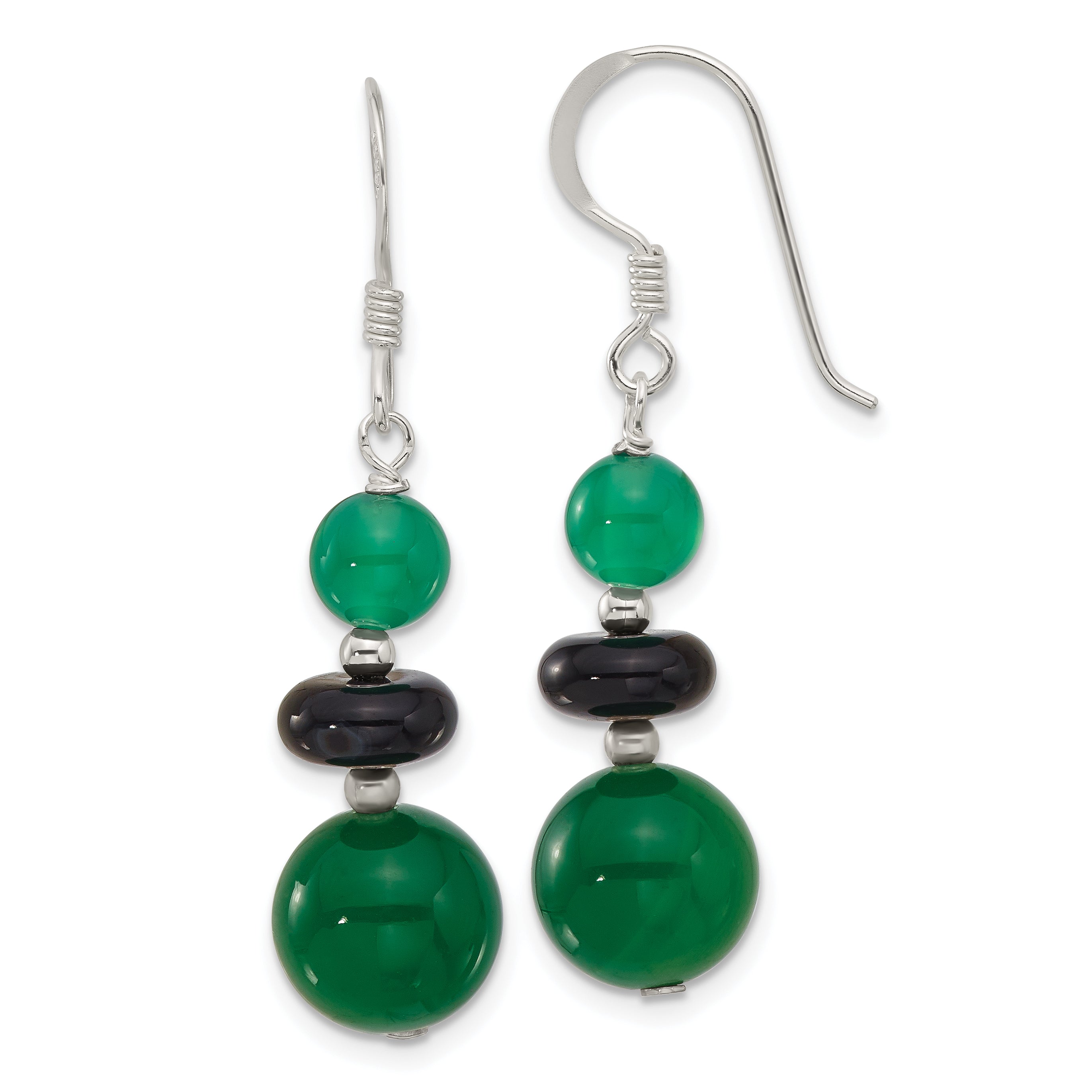 Sterling Silver Polished Black Agate & Green Quartz Beads Dangle Earrings Main image