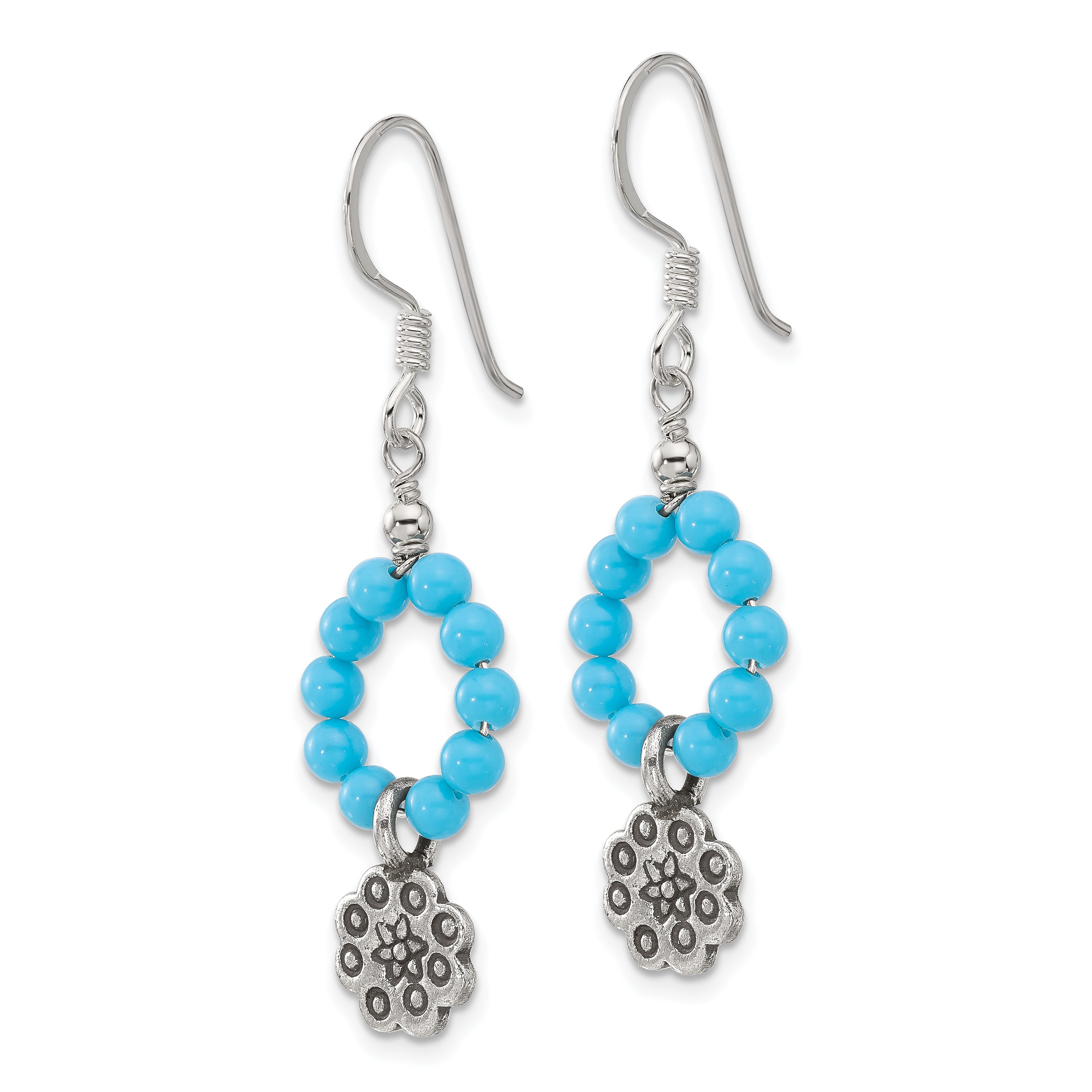 Sterling Silver Polished & Antiqued Dyed Howlite Flower Dangle Earrings Secondary image