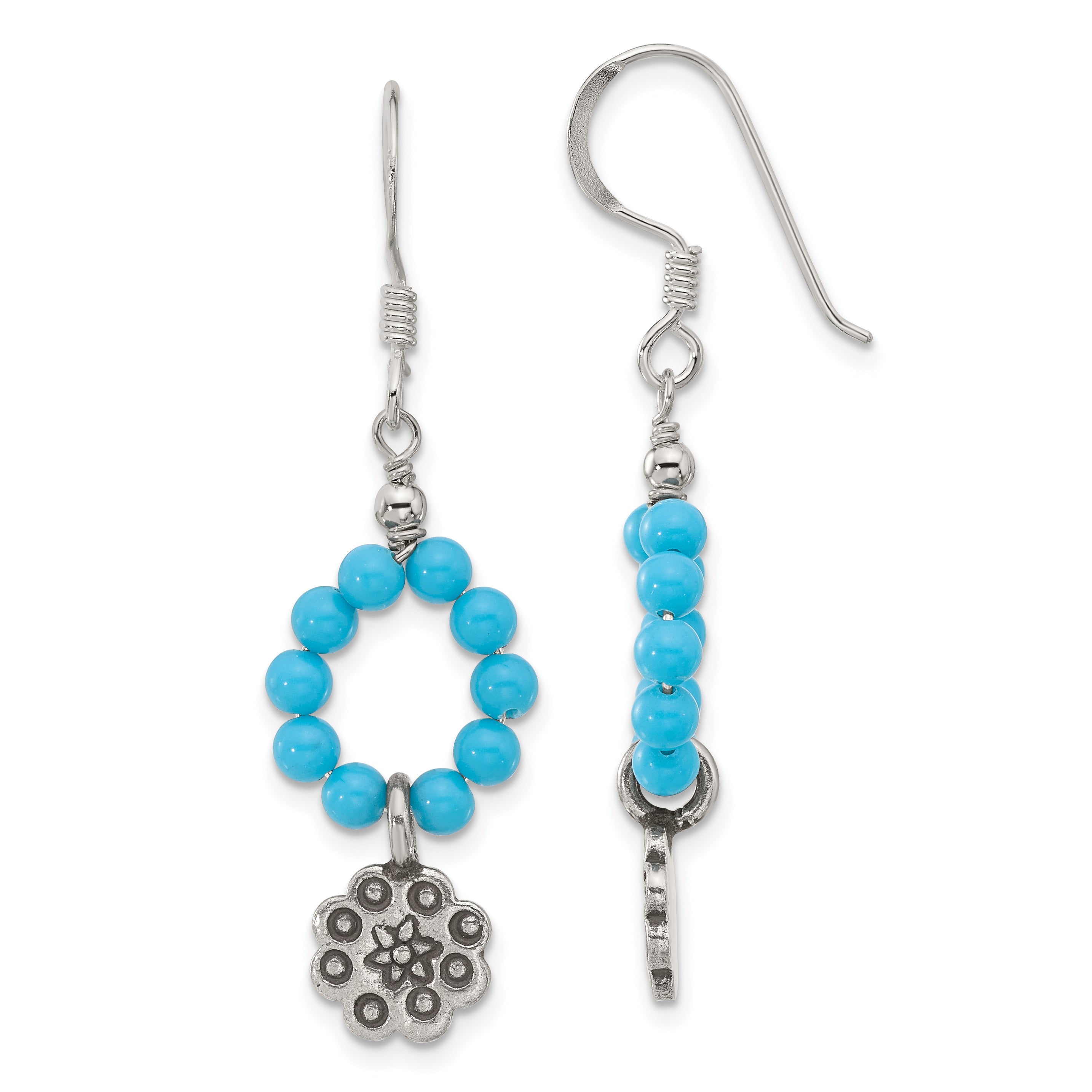 Sterling Silver Polished & Antiqued Dyed Howlite Flower Dangle Earrings Main image
