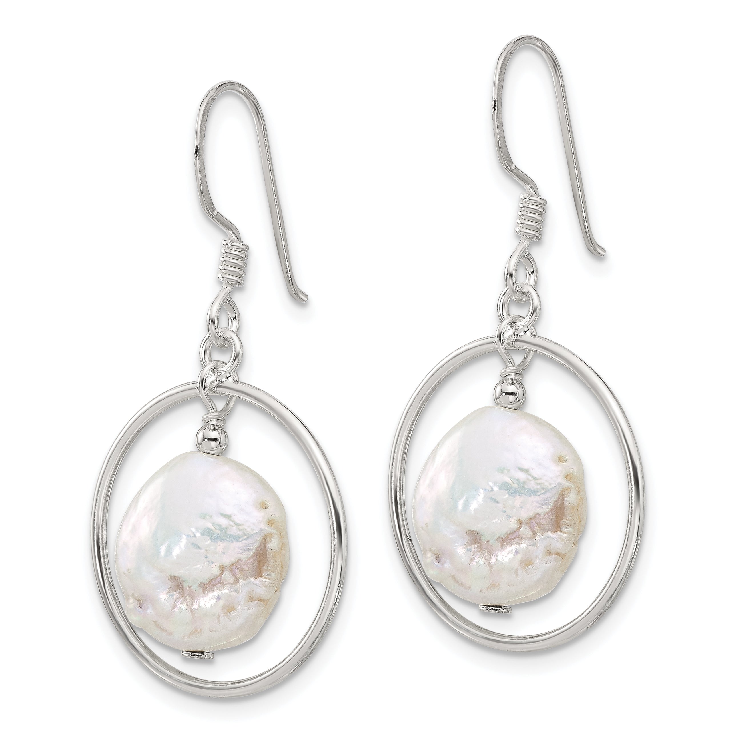 Sterling Silver Polished FWC Coin Pearl Circle Dangle Earrings Secondary image