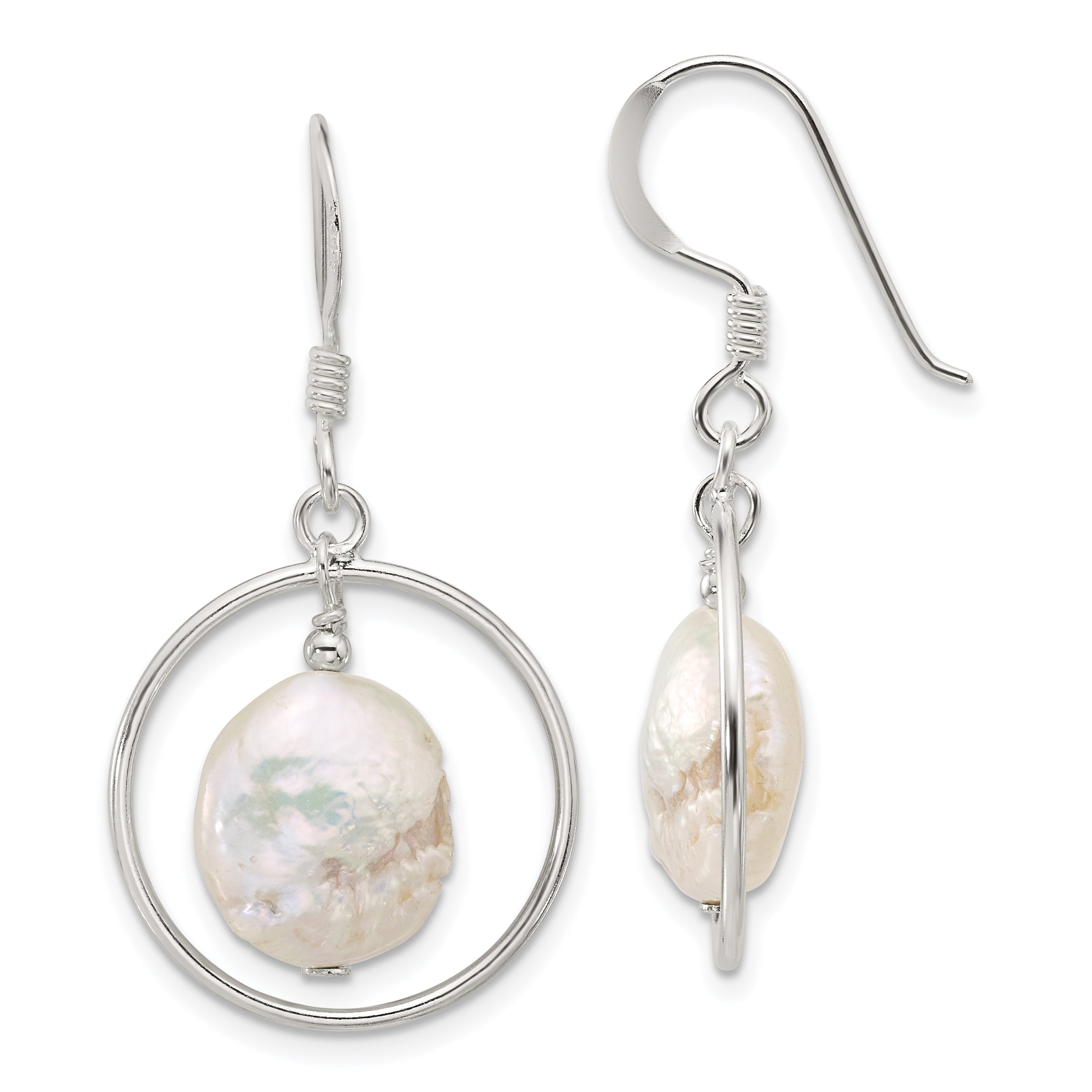 Sterling Silver Polished FWC Coin Pearl Circle Dangle Earrings Main image