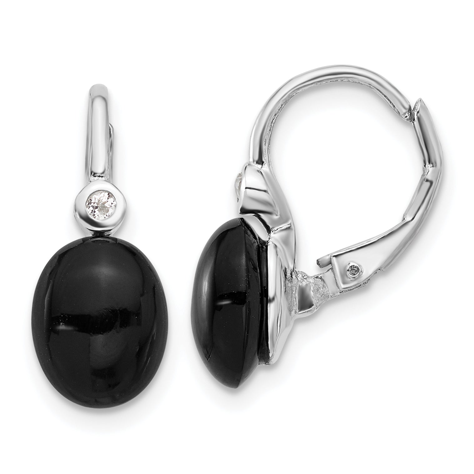 Sterling Silver RH-plated Polished Onyx & White Topaz Leverback Earrings Main image