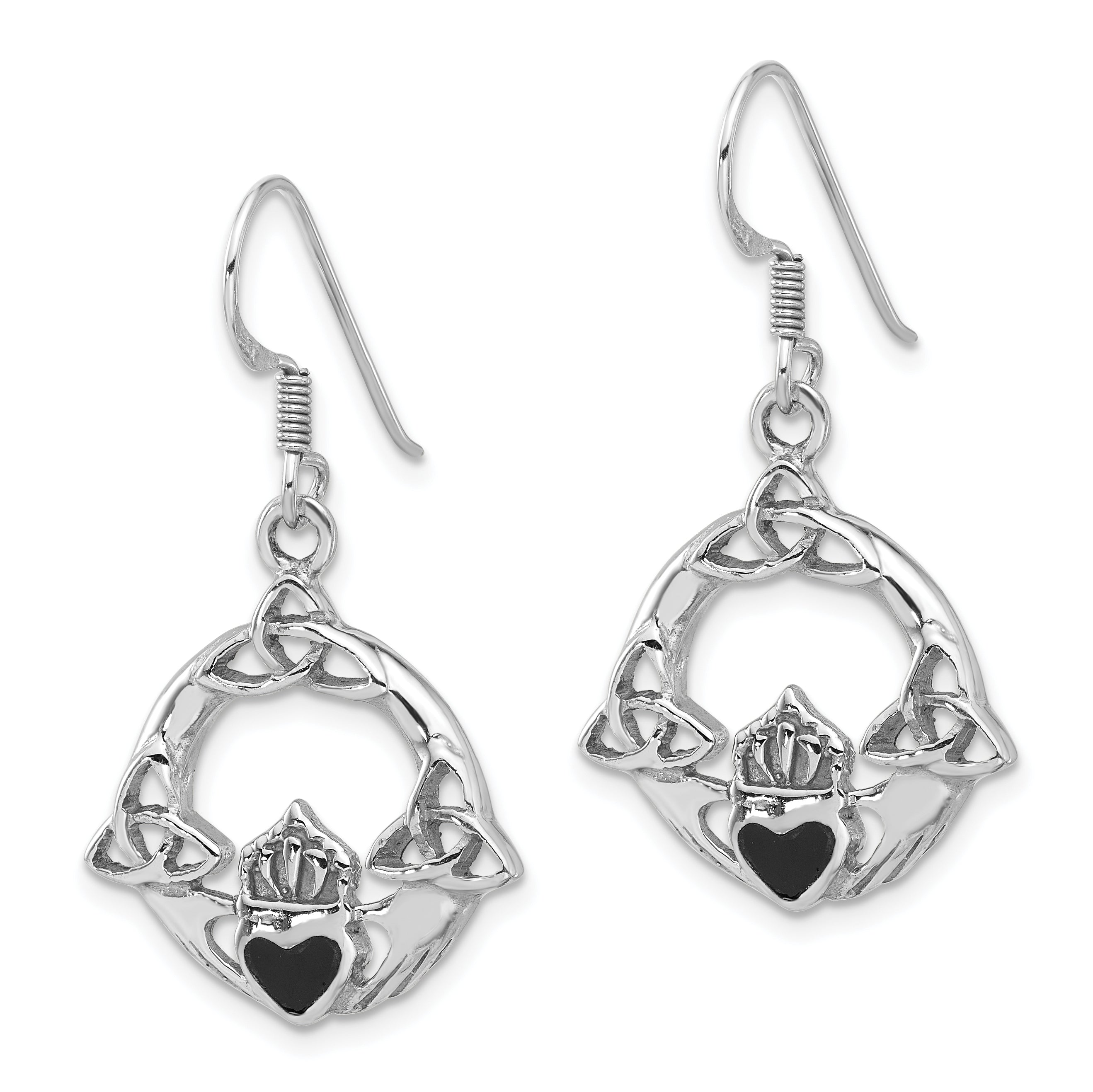 Sterling Silver Rhod-plated Polished Black Onyx Claddagh Dangle Earrings Secondary image