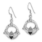 Sterling Silver Rhod-plated Polished Black Onyx Claddagh Dangle Earrings