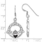 Sterling Silver Rhod-plated Polished Black Onyx Claddagh Dangle Earrings