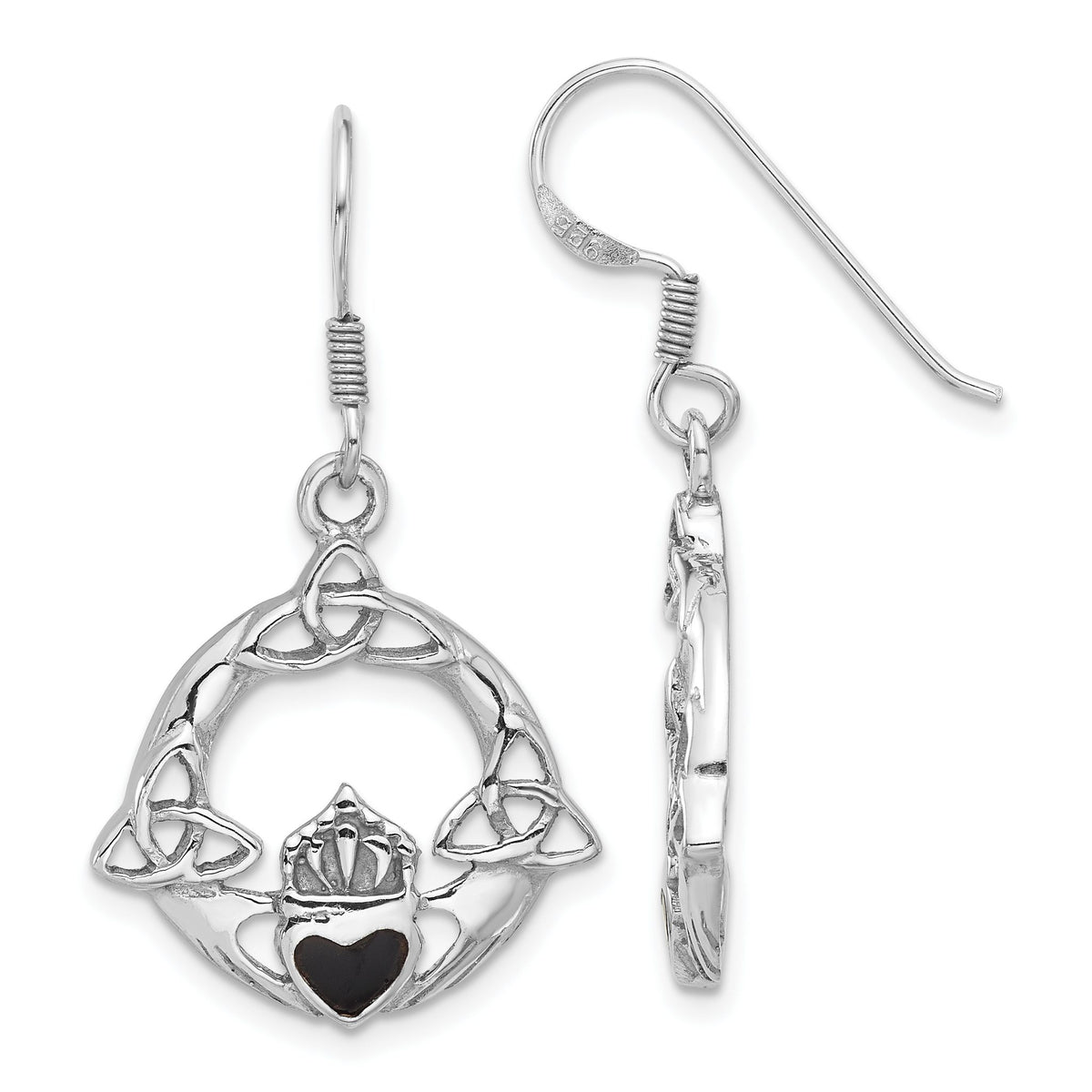 Black Onyx Claddagh Dangle Earrings in Sterling Silver, 3.5mm - Sophia Jewelers Main image
