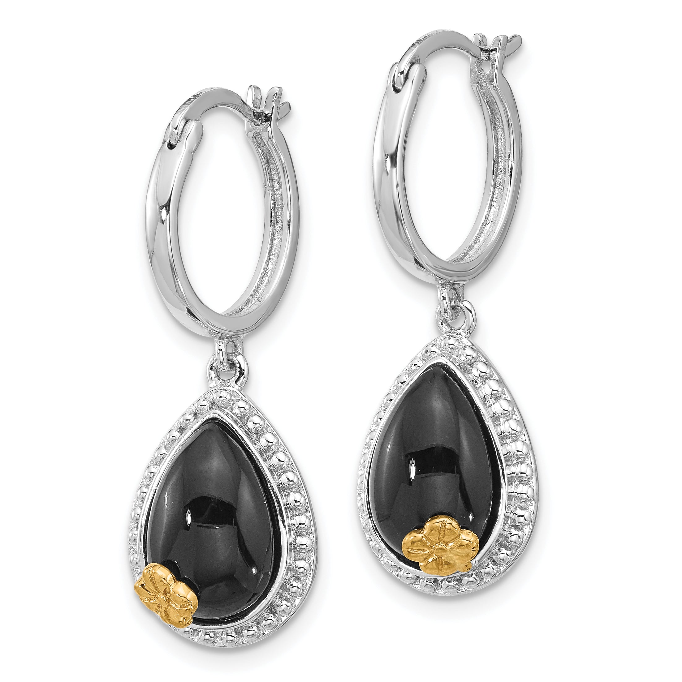 Sterling Silver Rhodium-plated w/ 14k accent Flower & Black Onyx Beaded Teardrop Round Dangle Hoop Earrings Secondary image