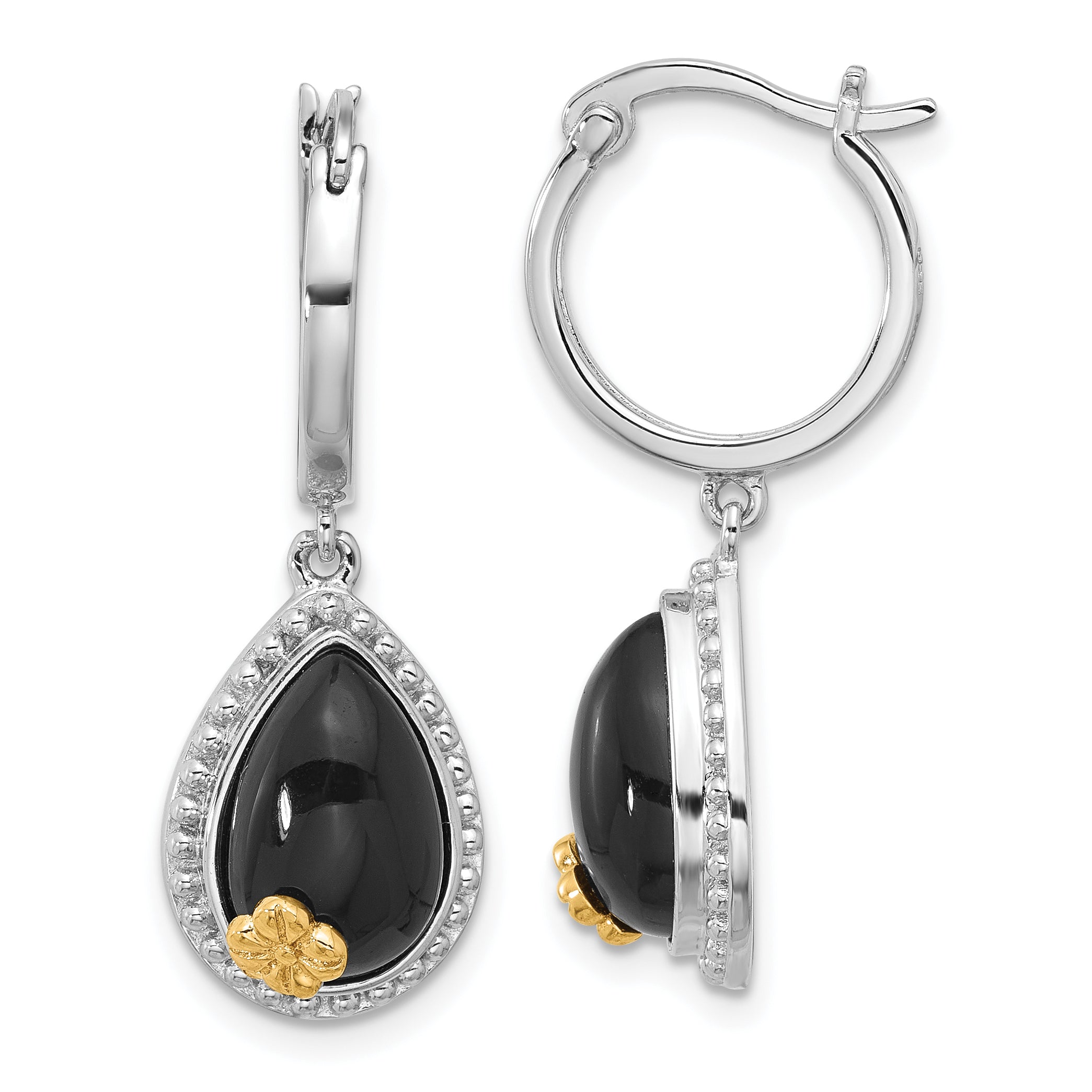 Sterling Silver Rhodium-plated w/ 14k accent Flower & Black Onyx Beaded Teardrop Round Dangle Hoop Earrings Main image