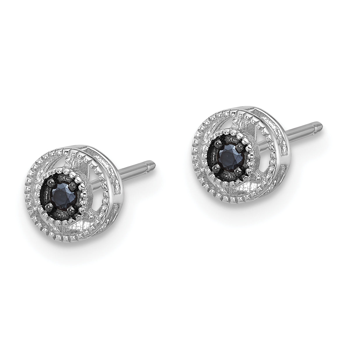 Sterling Silver RH-plated Polished/Beaded Black Spinel Circle Post Earrings