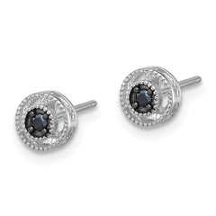 Sterling Silver RH-plated Polished/Beaded Black Spinel Circle Post Earrings