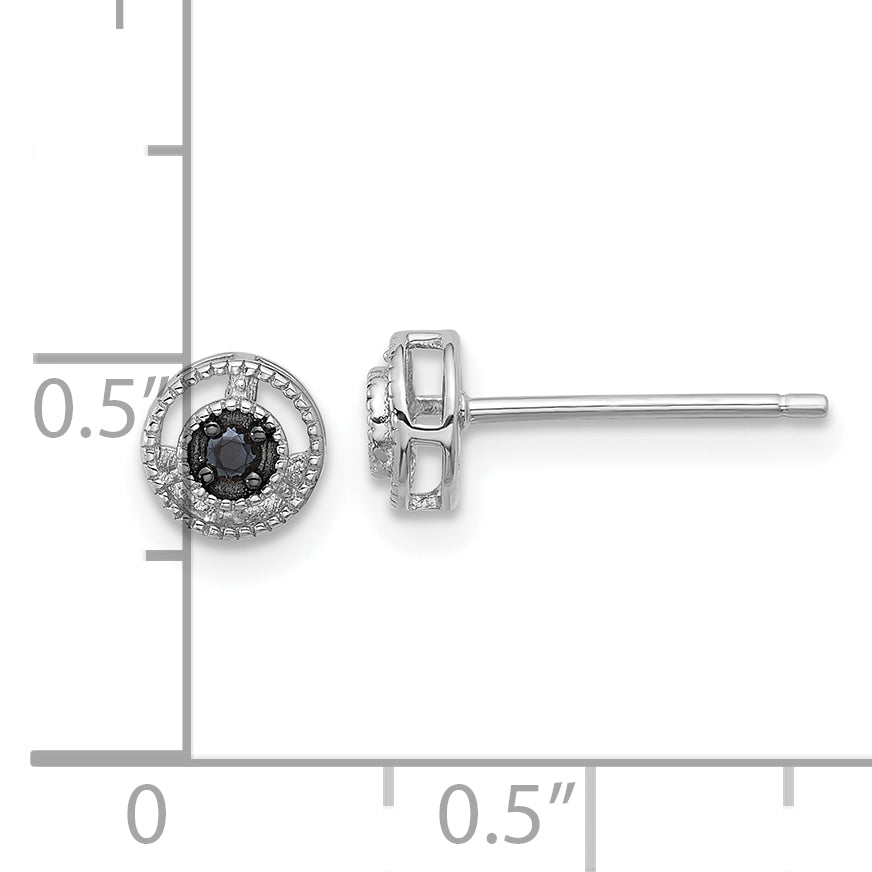 Sterling Silver RH-plated Polished/Beaded Black Spinel Circle Post Earrings