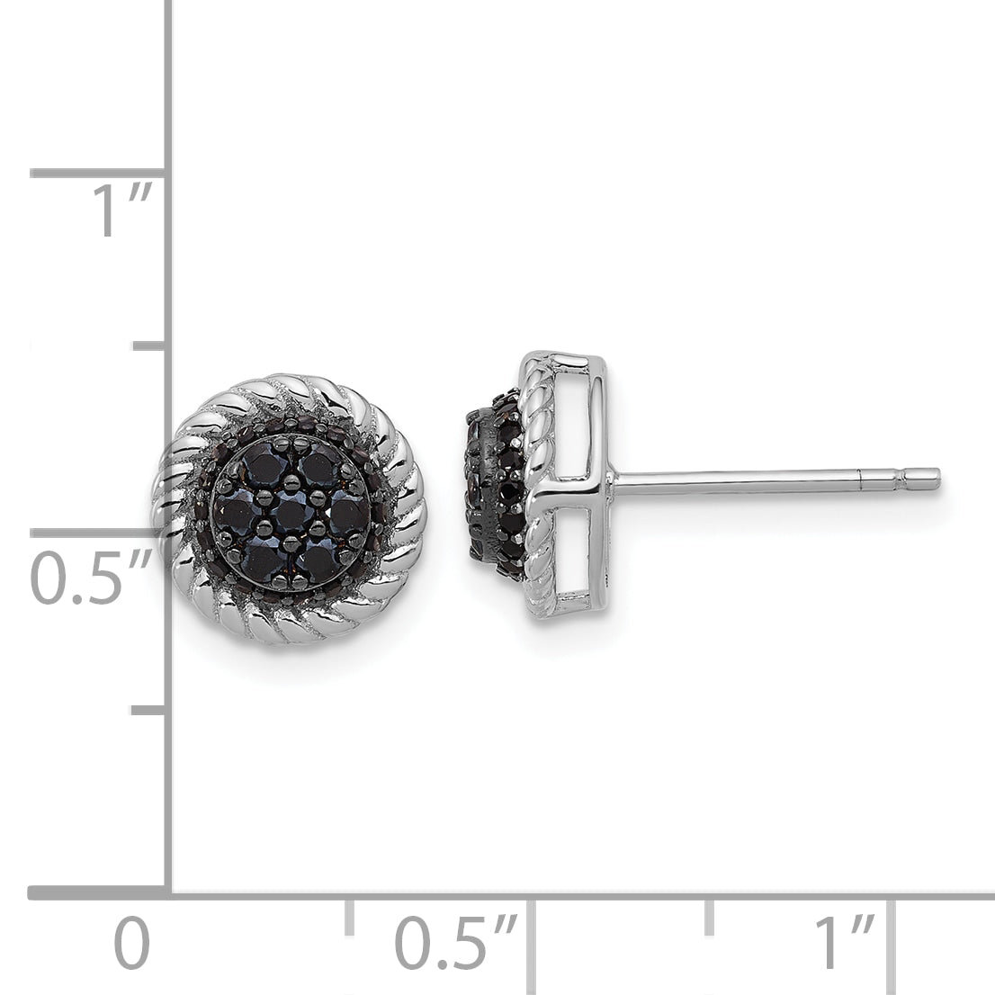 Sterling Silver RH-plated Polished/Twisted Black Spinel Circle Post Earring