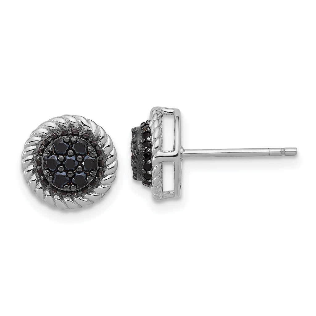 Sterling Silver RH-plated Polished/Twisted Black Spinel Circle Post Earring