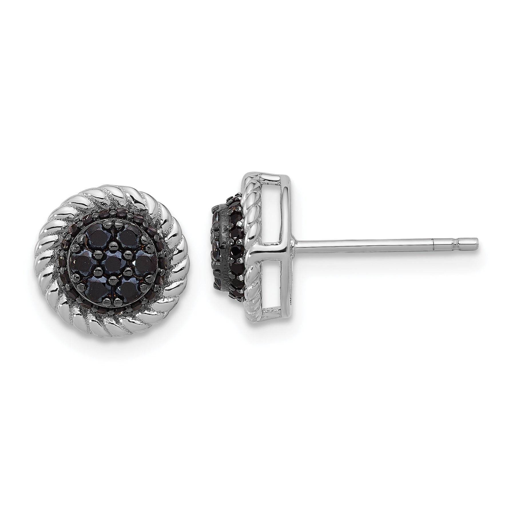 Sterling Silver RH-plated Polished/Twisted Black Spinel Circle Post Earring