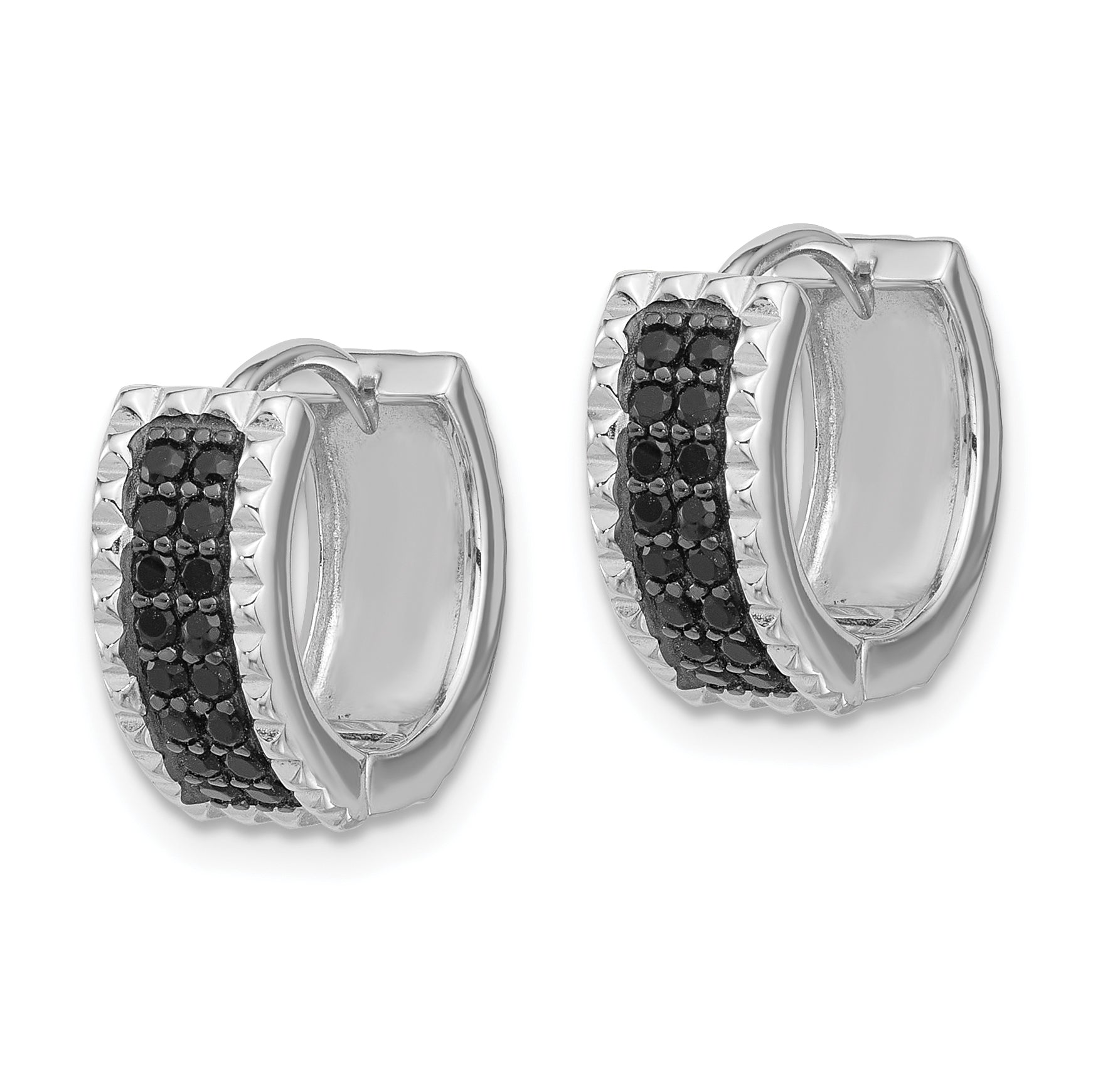 Sterling Silver RH-pltd Polished/Studded Black Spinel Hinged Hoop Earrings Secondary image